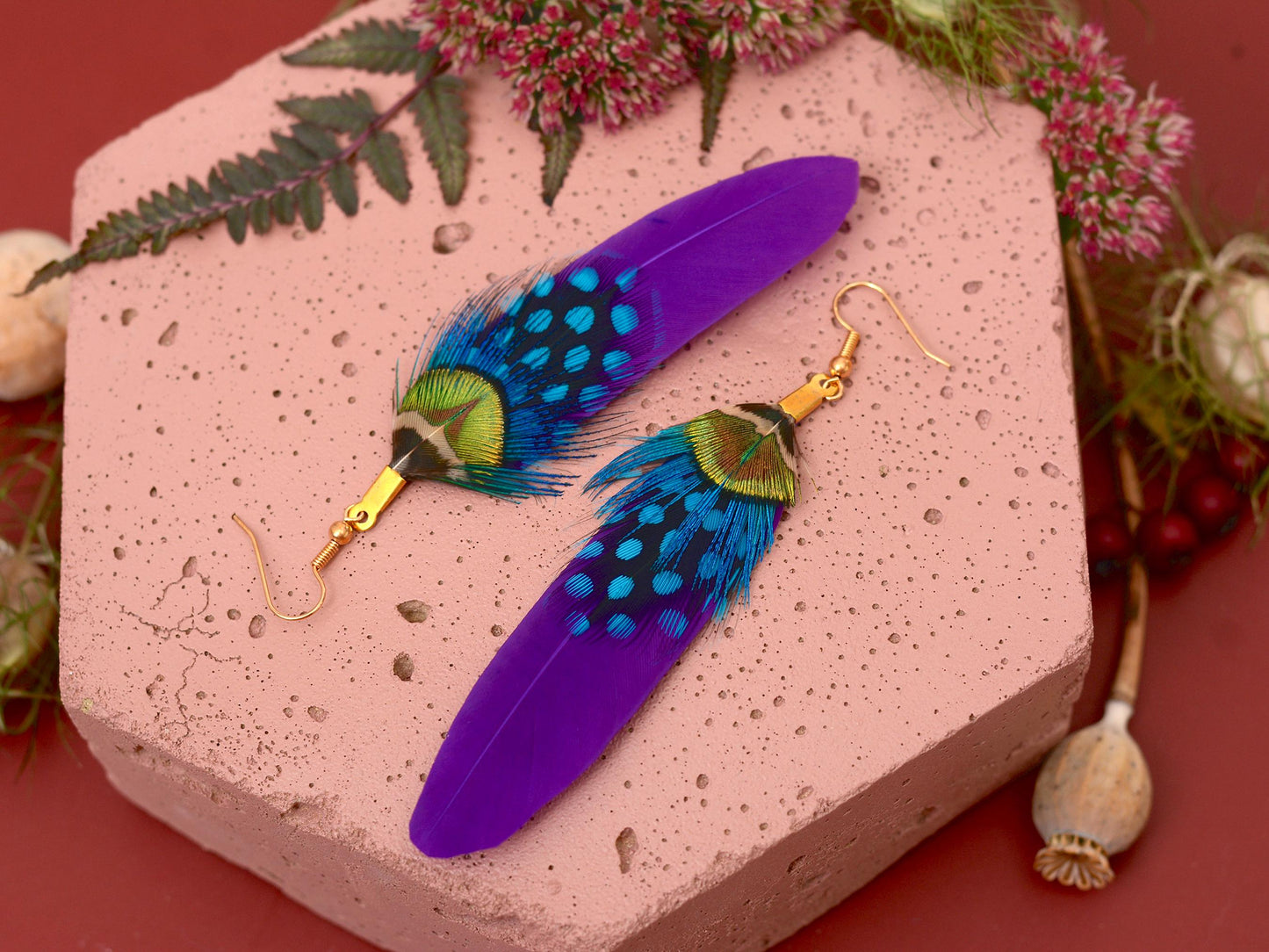 Purple Feather Earrings | Peacock Feather Earrings| Festival Earrings | Feather Jewellery | Festival Jewellery | Bohemian | Drop Earrings