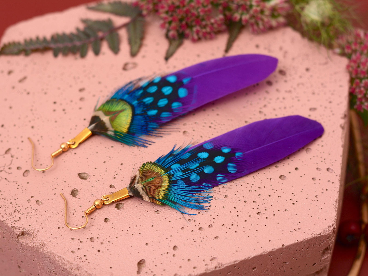 Purple Feather Earrings | Peacock Feather Earrings| Festival Earrings | Feather Jewellery | Festival Jewellery | Bohemian | Drop Earrings