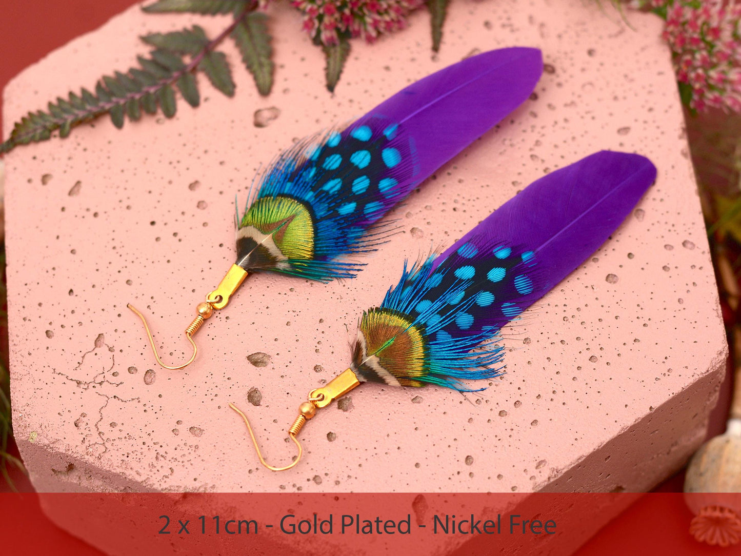 Purple Feather Earrings | Peacock Feather Earrings| Festival Earrings | Feather Jewellery | Festival Jewellery | Bohemian | Drop Earrings