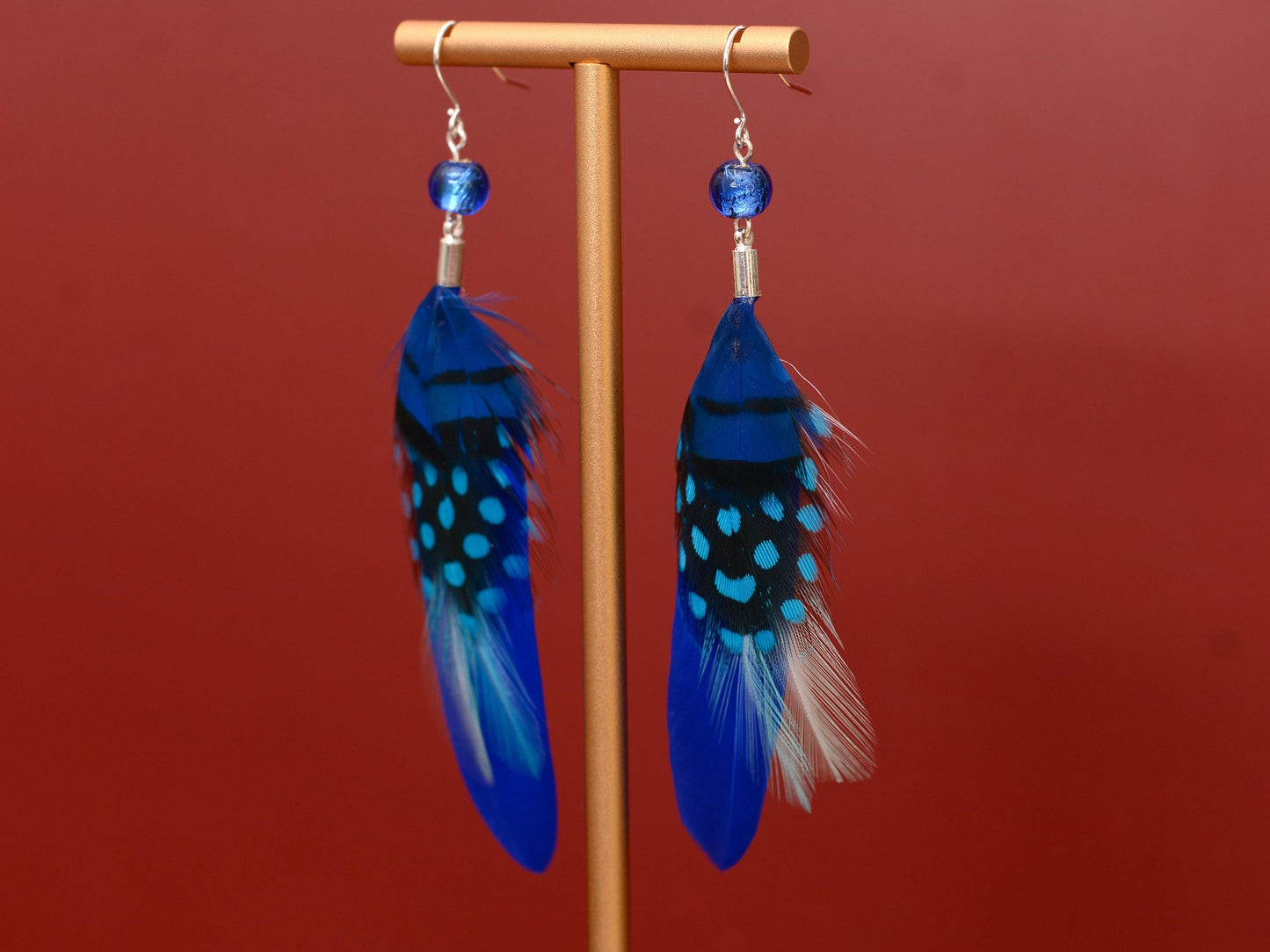 Bright Cobalt Blue Long Feather Earrings