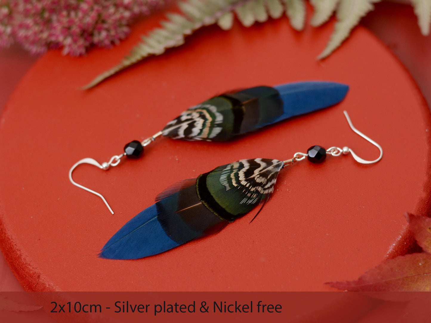 Feather Earrings in Navy Blue and Green with Aurora Crystal Bead | Feather Jewellery | Drop Earrings