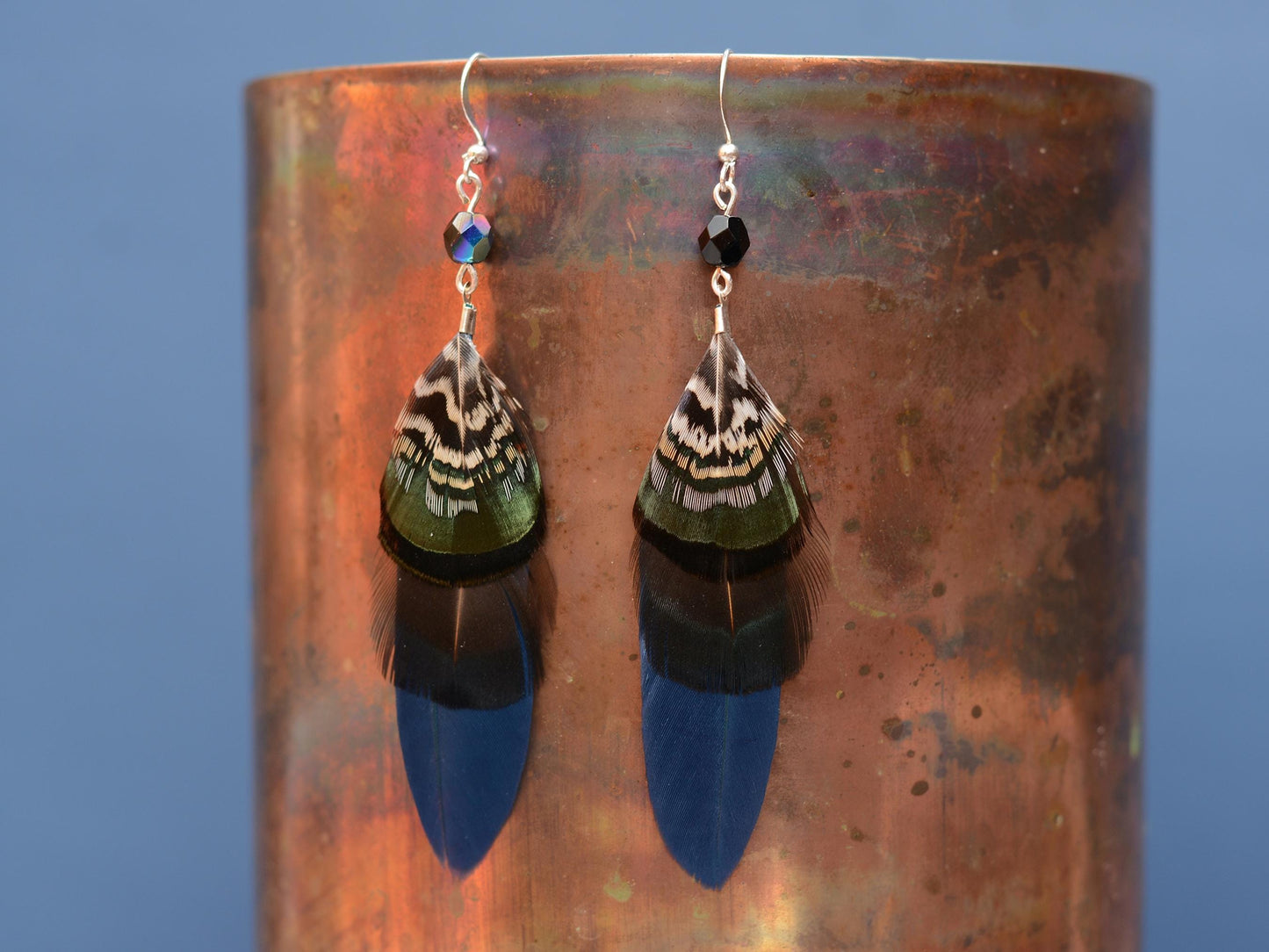 Feather Earrings in Navy Blue and Green with Aurora Crystal Bead | Feather Jewellery | Drop Earrings