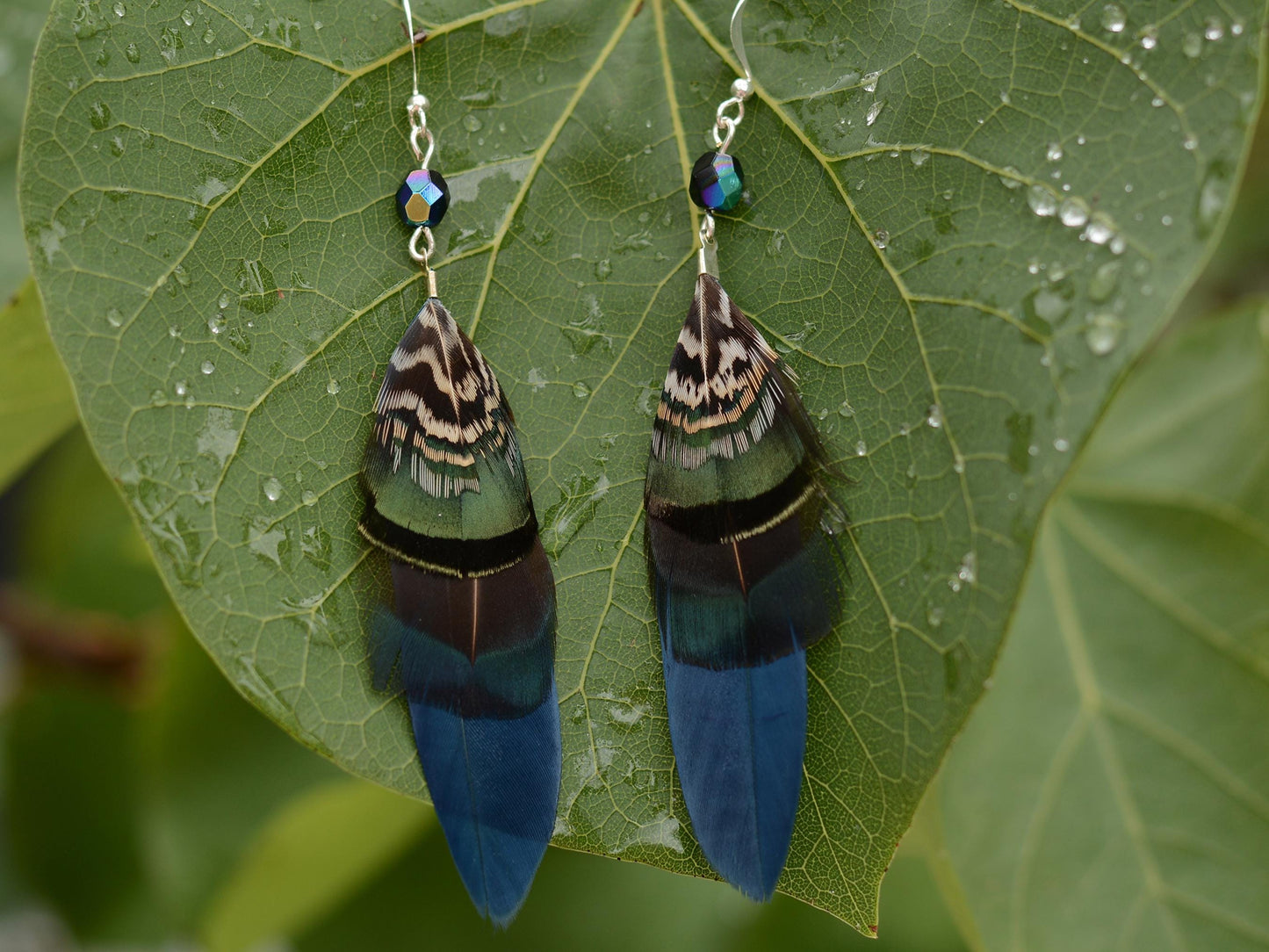 Feather Earrings in Navy Blue and Green with Aurora Crystal Bead | Feather Jewellery | Drop Earrings