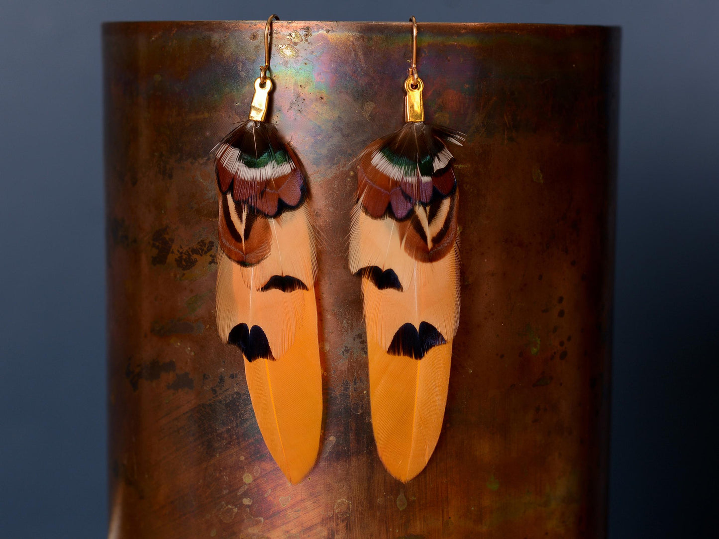 Mustard Yellow and Copper Pheasant Feather Earrings | Yellow Earrings | Festival Earrings | Feather Jewellery | Festival Jewellery