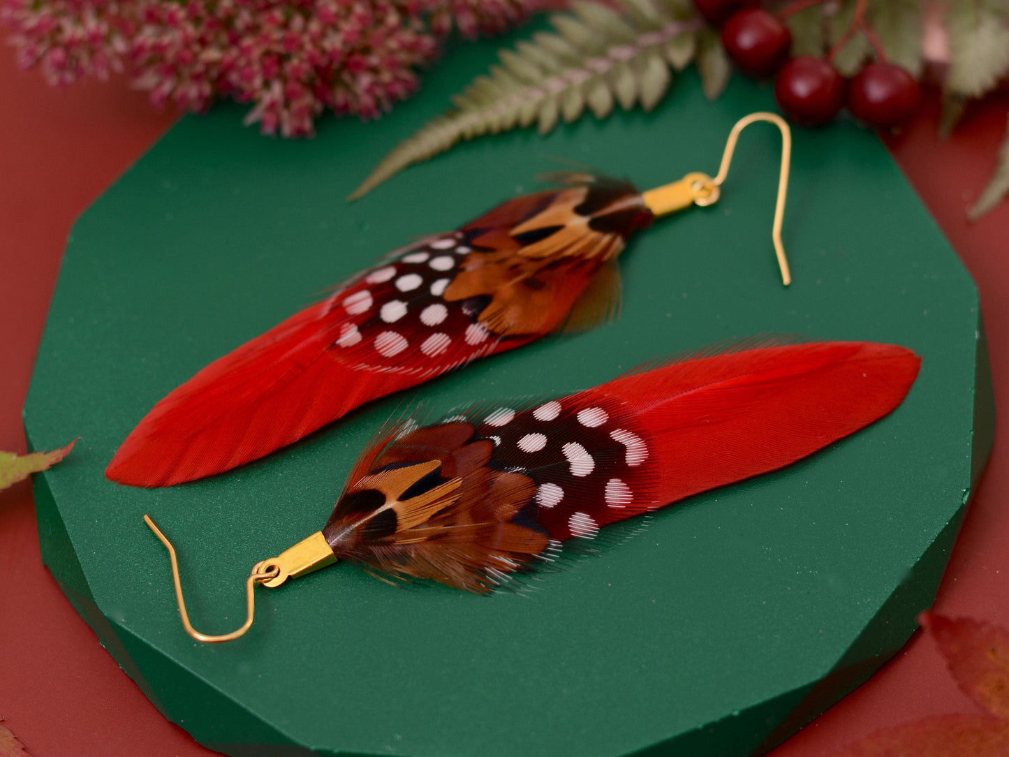 Red Pheasant Feather Earrings | Festival Earrings | Feather Jewellery | Festival Jewellery | Drop Earrings
