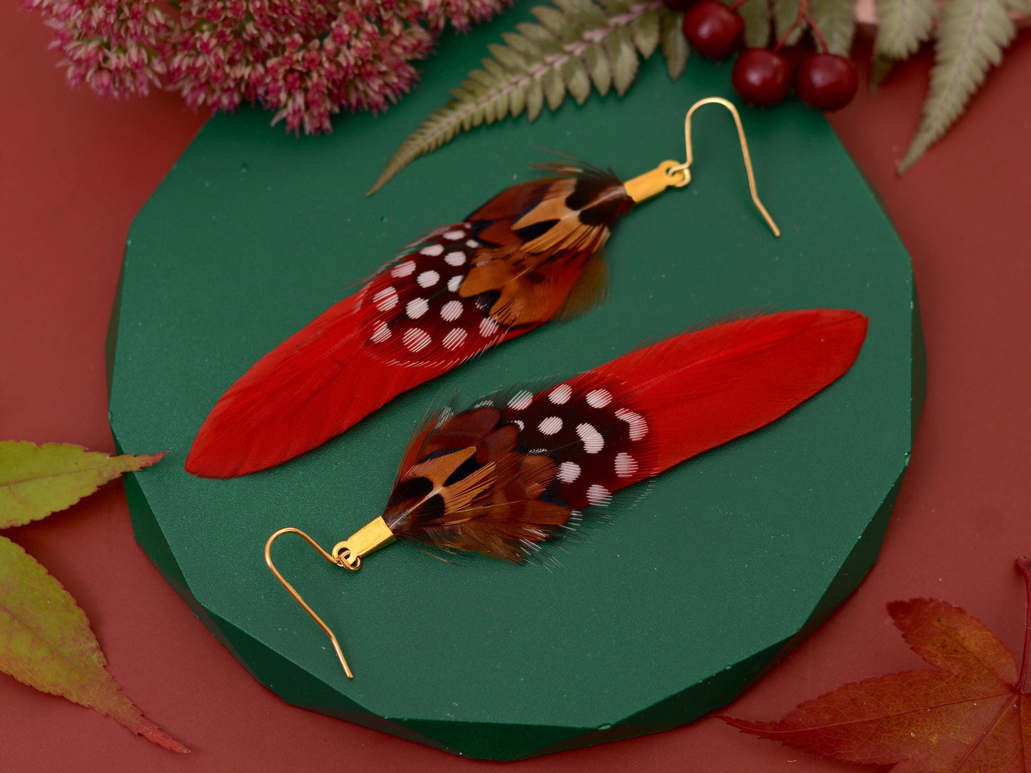 Red Pheasant Feather Earrings | Festival Earrings | Feather Jewellery | Festival Jewellery | Drop Earrings