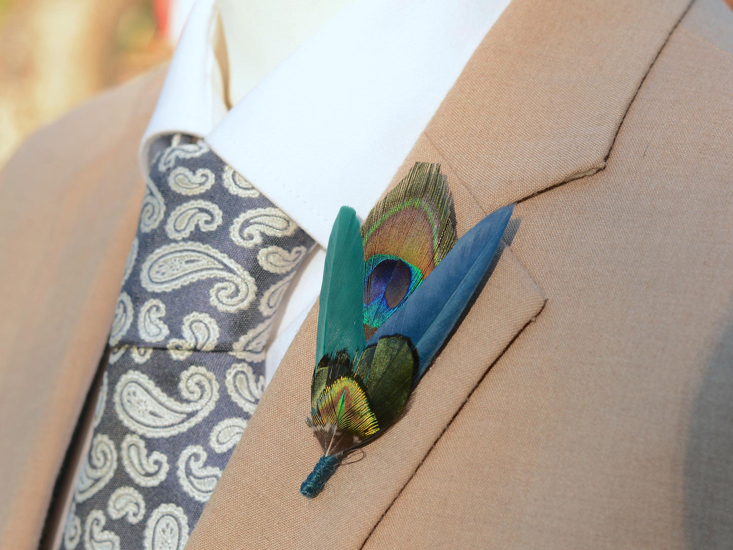 Teal, Green and Navy Peacock Feather Boutonniere | Peacock Feather Hat Pin / Brooch | Wedding Corsage