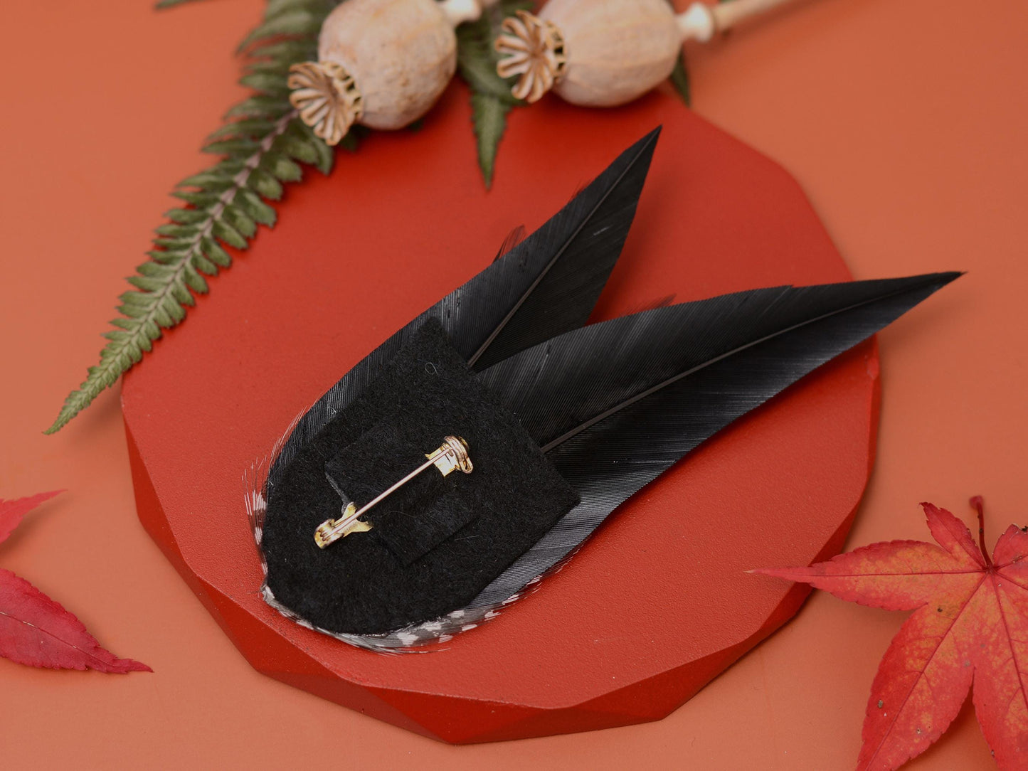 Black Monochrome Feather Lapel Pin with Spotted Guinea Fowl Feathers | Feather Boutonniere | Feather Brooch | Feather Hat Pin