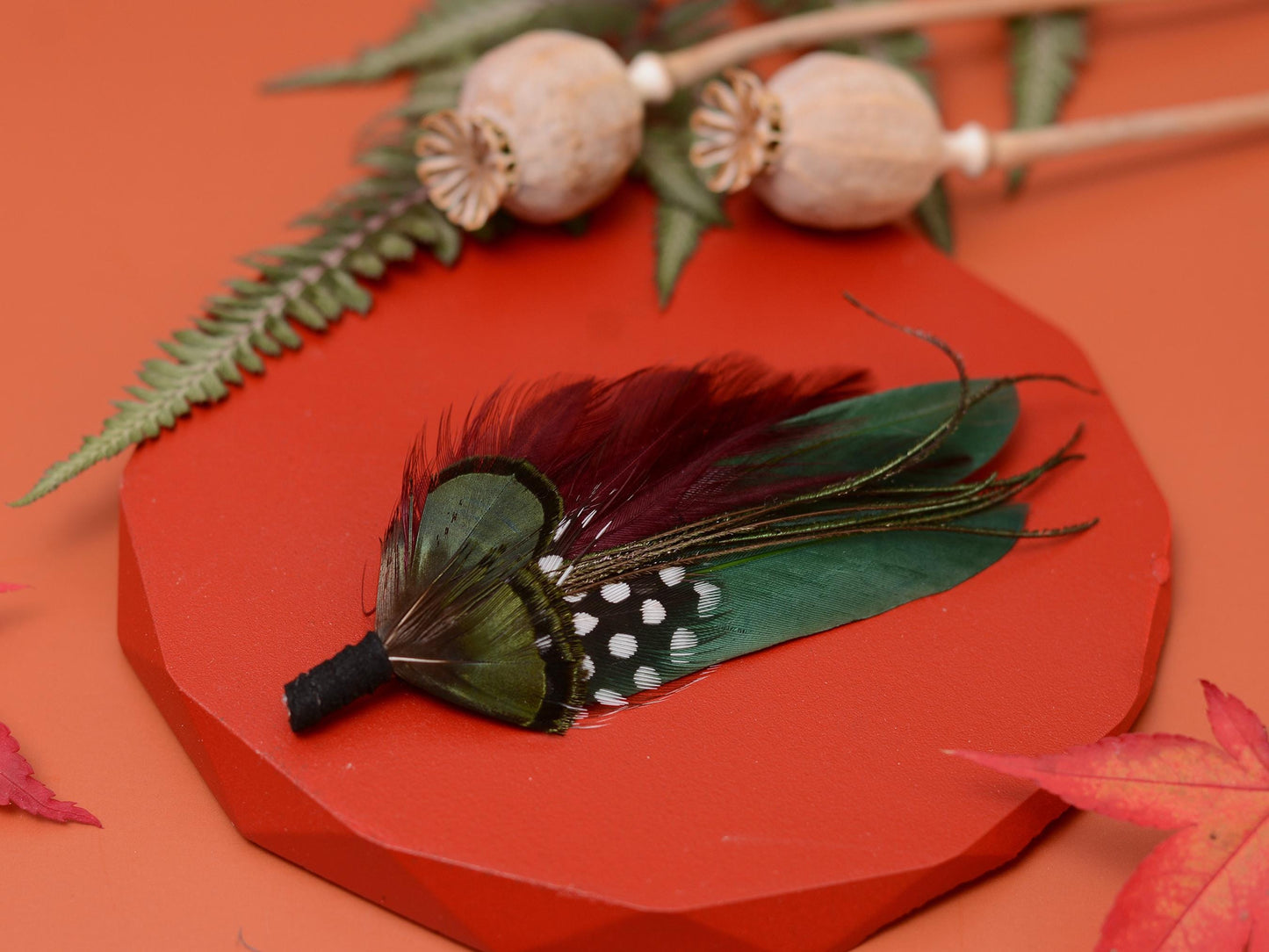 Shades of Green and Plum Feather Lapel Pin | Duck Feather Boutonniere | Pheasant Feather Brooch | Feather Hat Pin