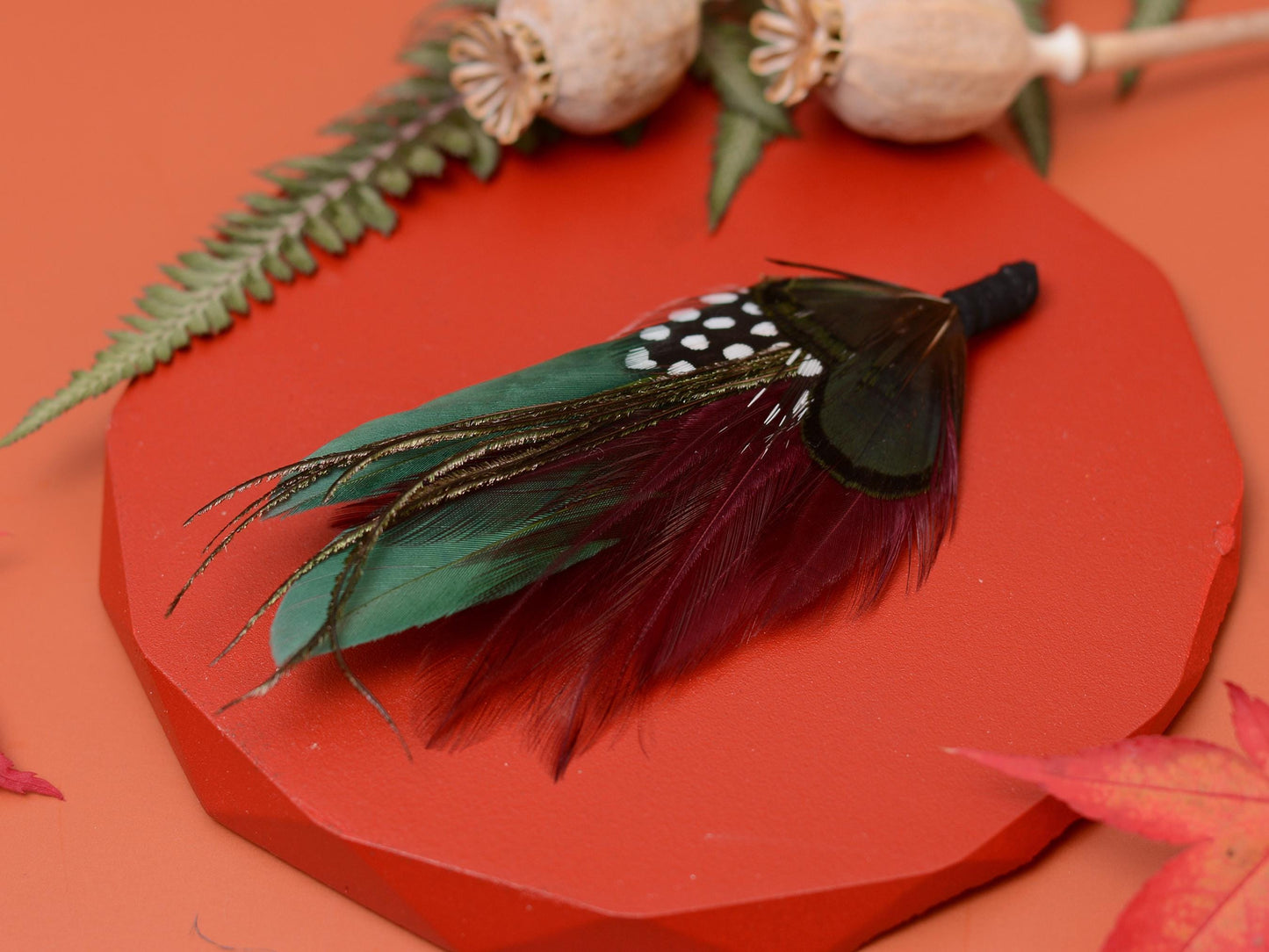 Shades of Green and Plum Feather Lapel Pin | Duck Feather Boutonniere | Pheasant Feather Brooch | Feather Hat Pin