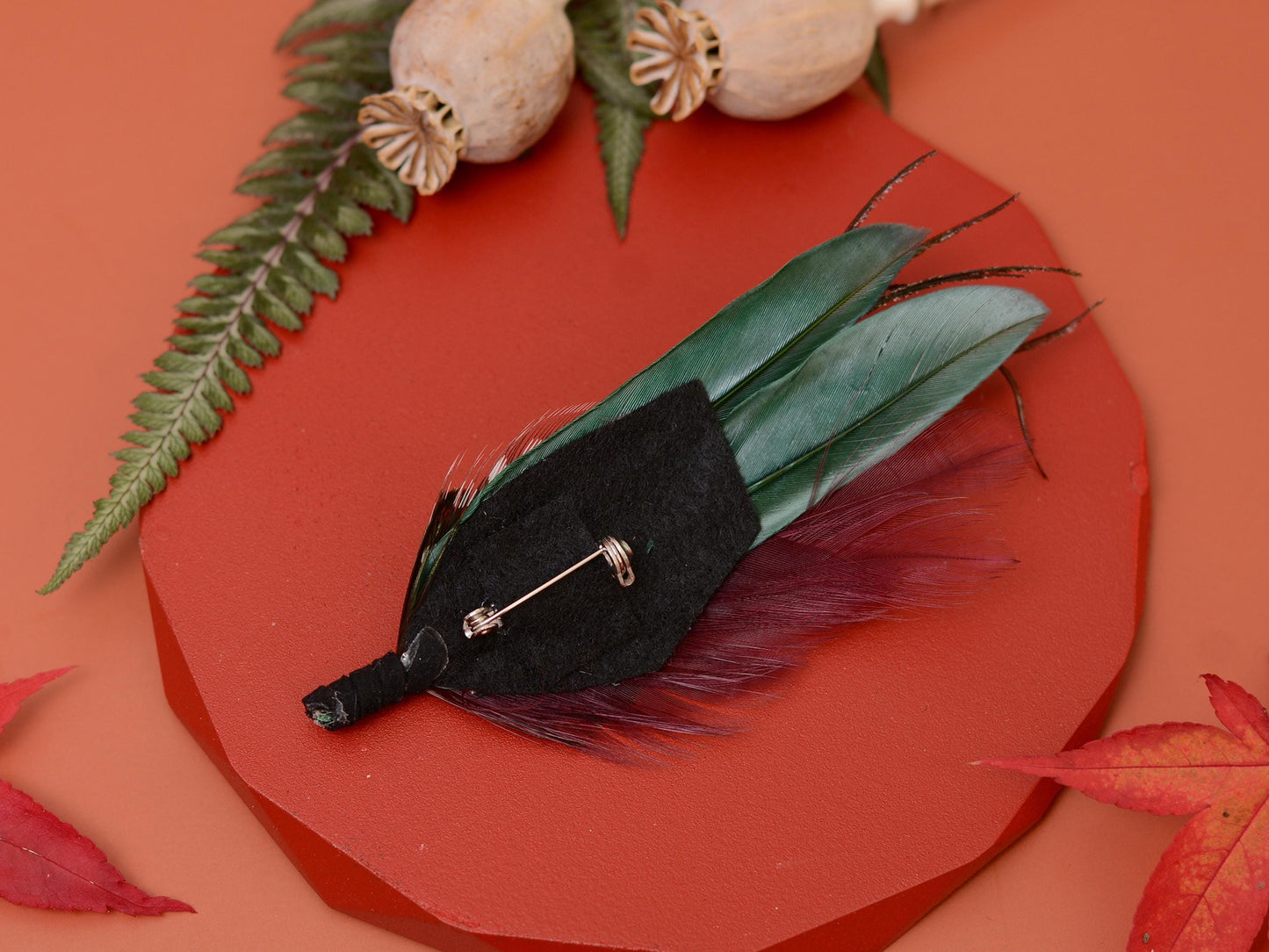 Shades of Green and Plum Feather Lapel Pin | Duck Feather Boutonniere | Pheasant Feather Brooch | Feather Hat Pin