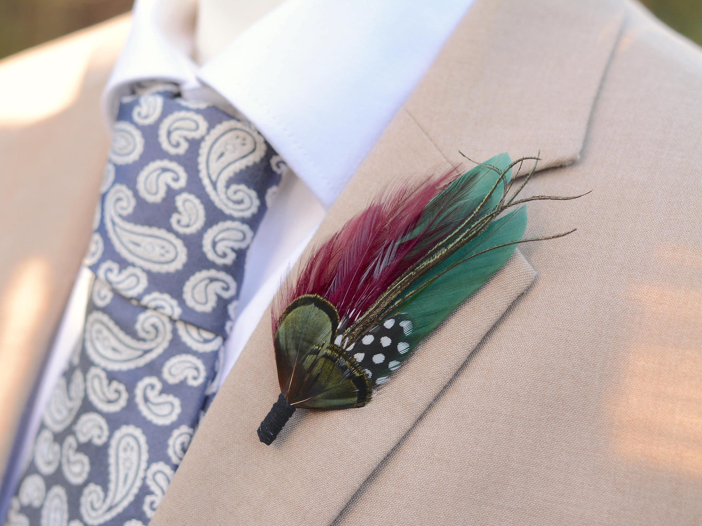 Shades of Green and Plum Feather Lapel Pin | Duck Feather Boutonniere | Pheasant Feather Brooch | Feather Hat Pin