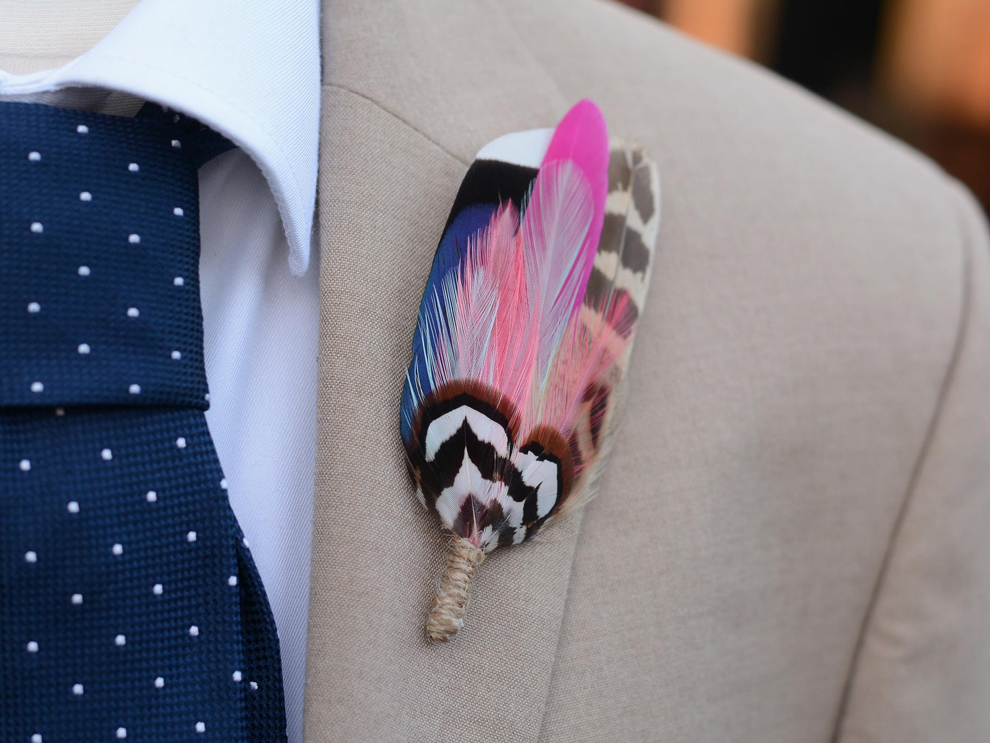 Blue Duck and Pheasant Feather Lapel Pin with a Flash of Pink | Pheasant Feather Boutonniere | Feather Brooch | Feather Hat Pin