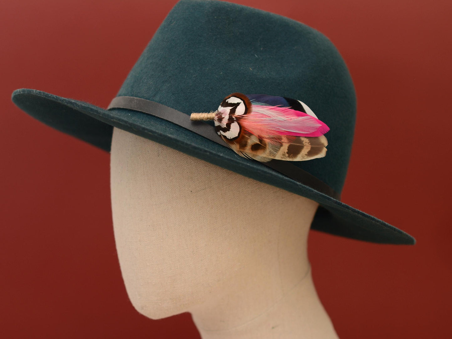 Blue Duck and Pheasant Feather Lapel Pin with a Flash of Pink | Pheasant Feather Boutonniere | Feather Brooch | Feather Hat Pin