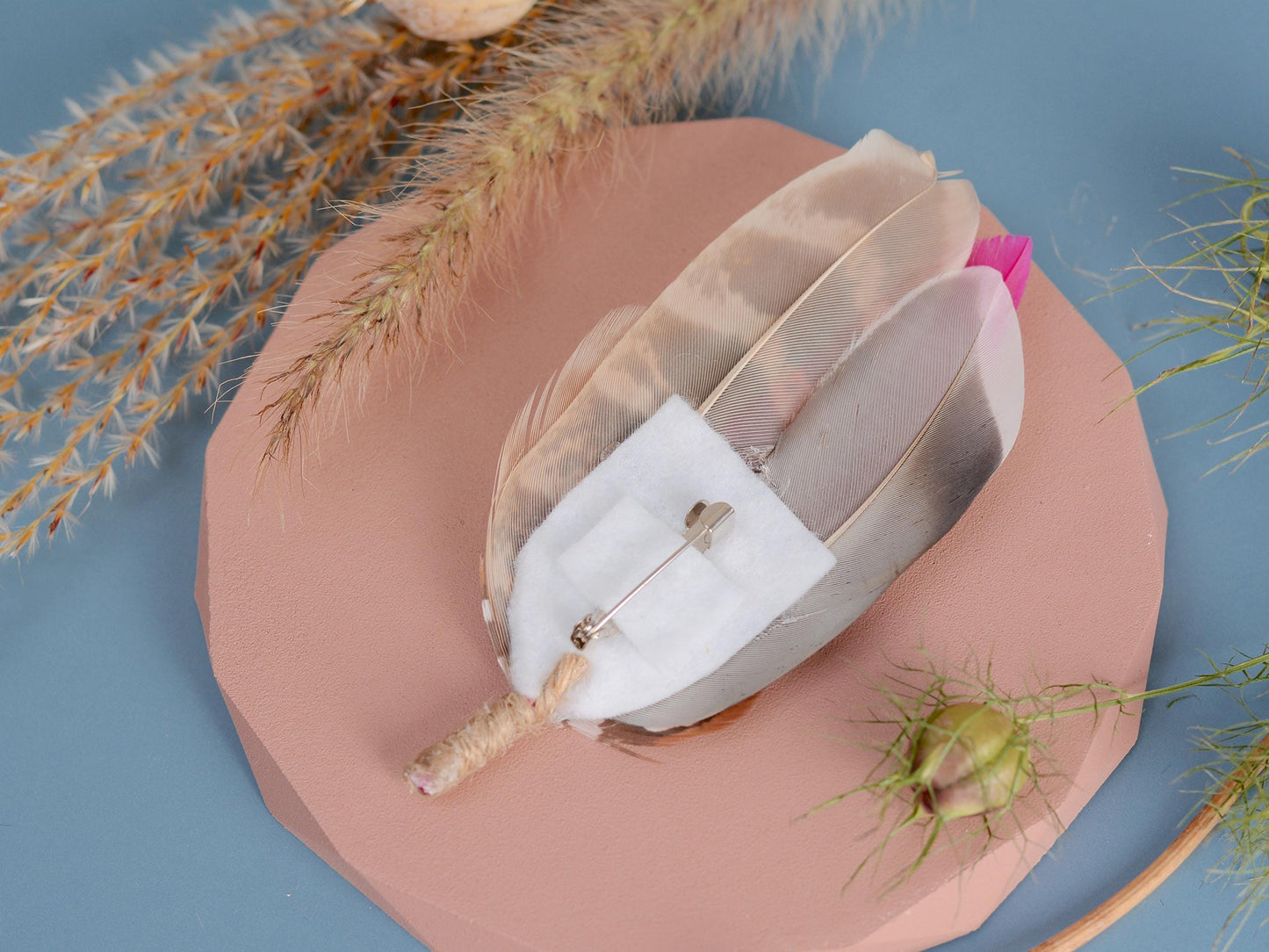 Blue Duck and Pheasant Feather Lapel Pin with a Flash of Pink | Pheasant Feather Boutonniere | Feather Brooch | Feather Hat Pin
