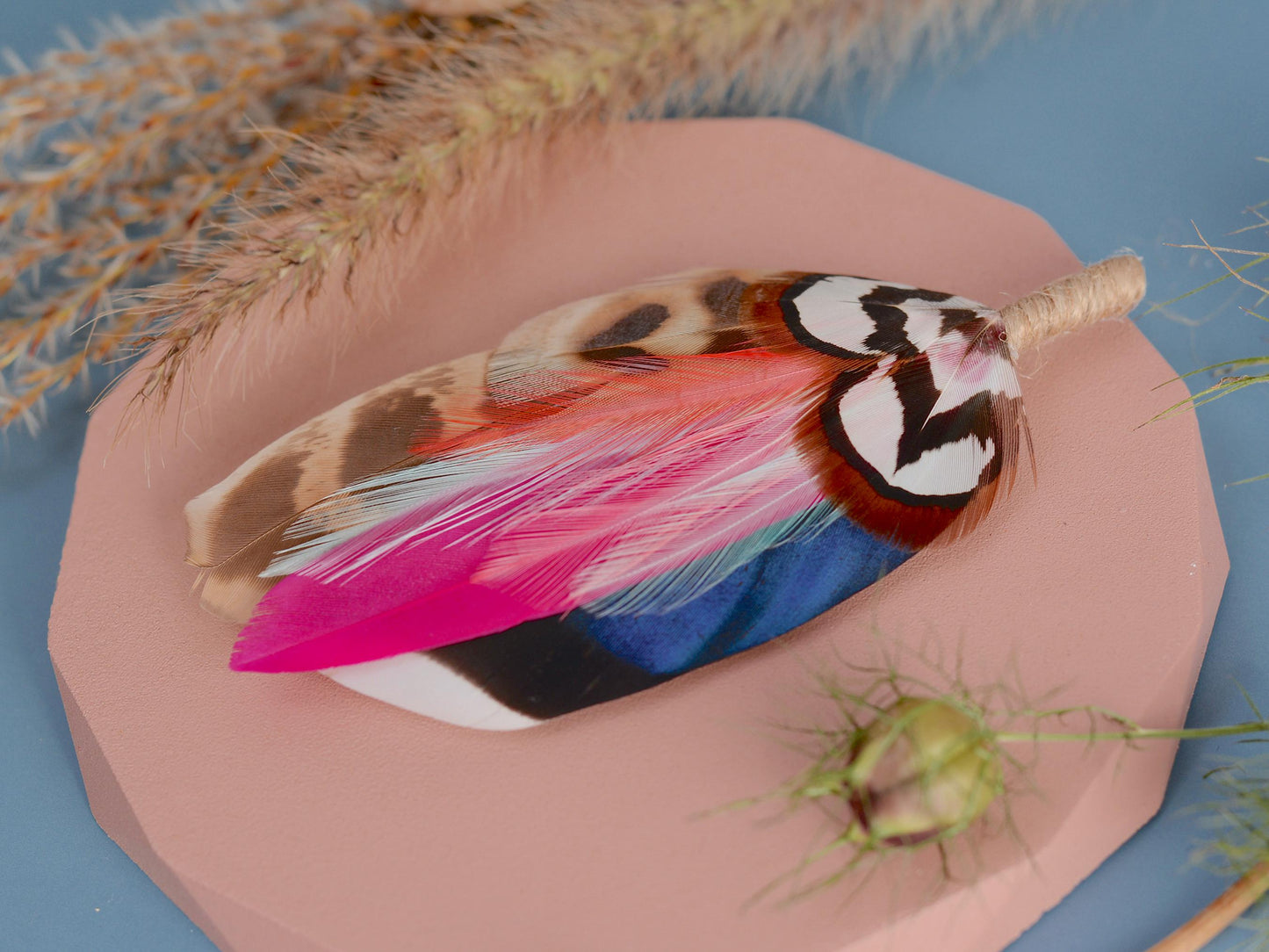 Blue Duck and Pheasant Feather Lapel Pin with a Flash of Pink | Pheasant Feather Boutonniere | Feather Brooch | Feather Hat Pin