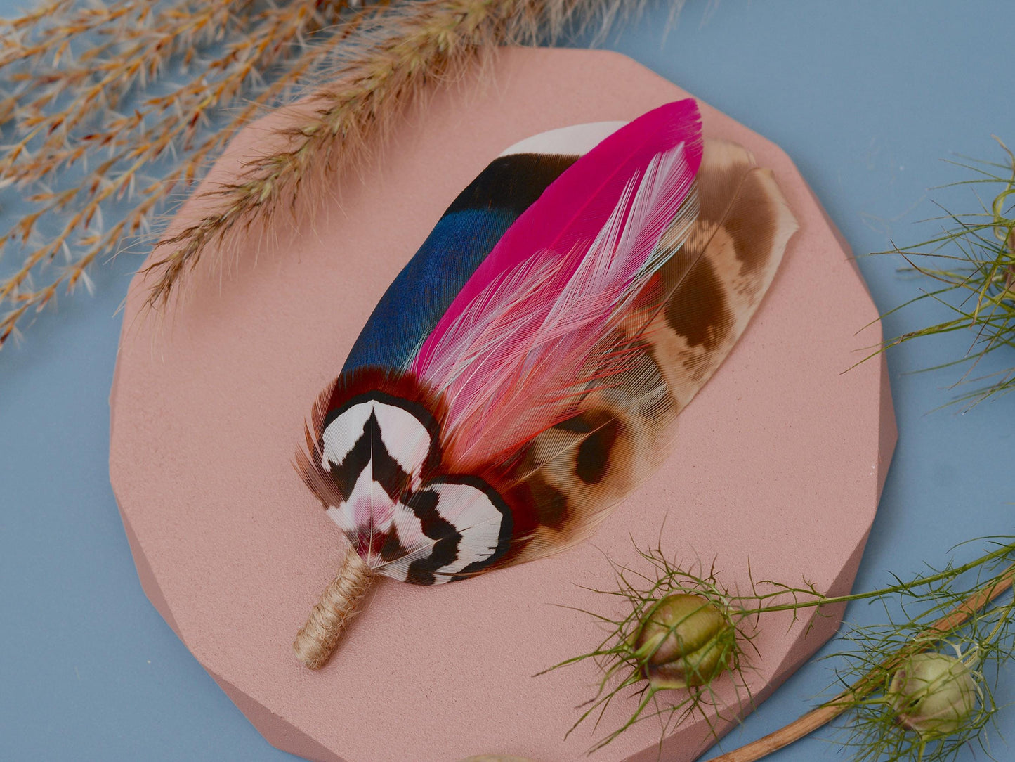 Blue Duck and Pheasant Feather Lapel Pin with a Flash of Pink | Pheasant Feather Boutonniere | Feather Brooch | Feather Hat Pin