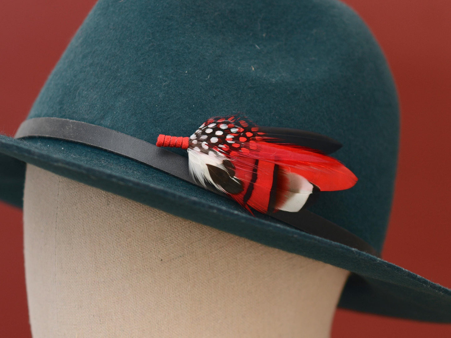 Red, Black and White Feather Corsage / Hat Pin | Duck Feather Boutonniere Brooch