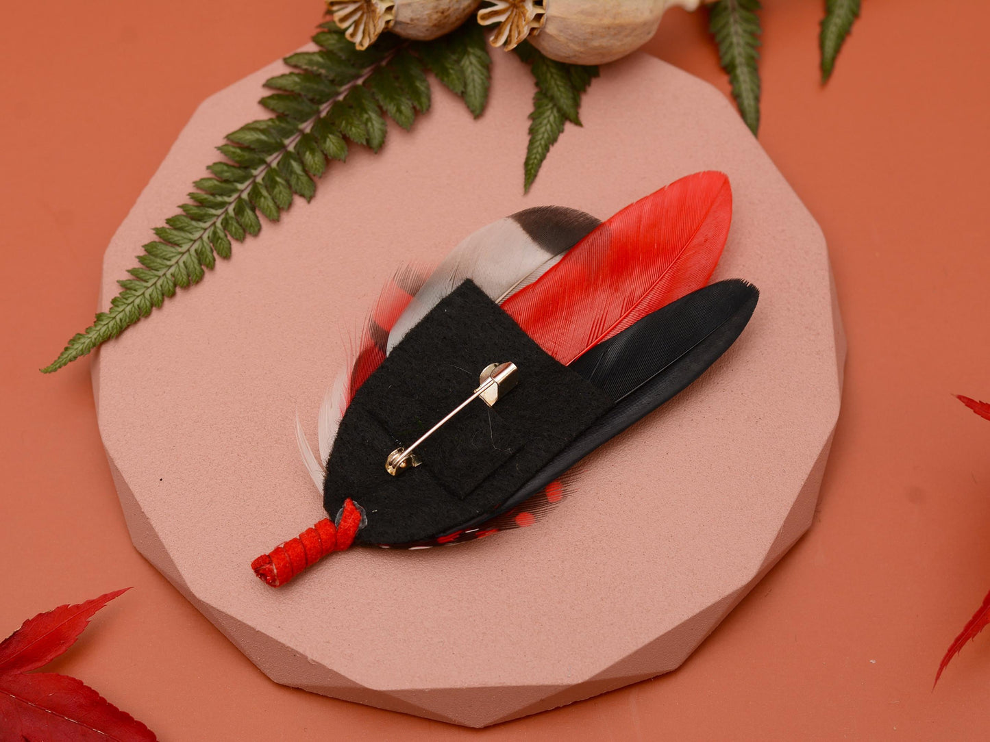 Red, Black and White Feather Corsage / Hat Pin | Duck Feather Boutonniere Brooch
