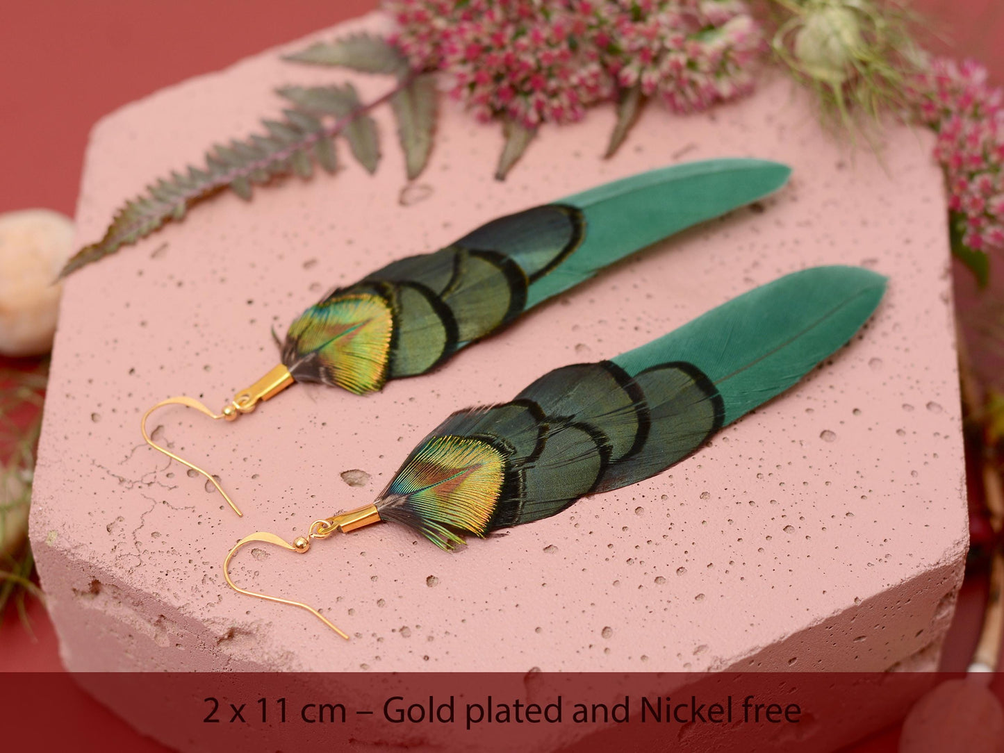 Green and Gold Feather Earrings | Peacock Feather Earrings | Festival Earrings | Feather Jewellery | Festival Jewellery | Drop Earrings