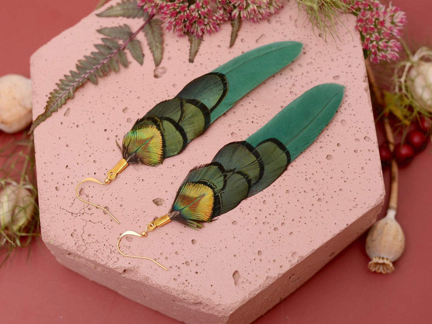 Green and Gold Feather Earrings | Peacock Feather Earrings | Festival Earrings | Feather Jewellery | Festival Jewellery | Drop Earrings
