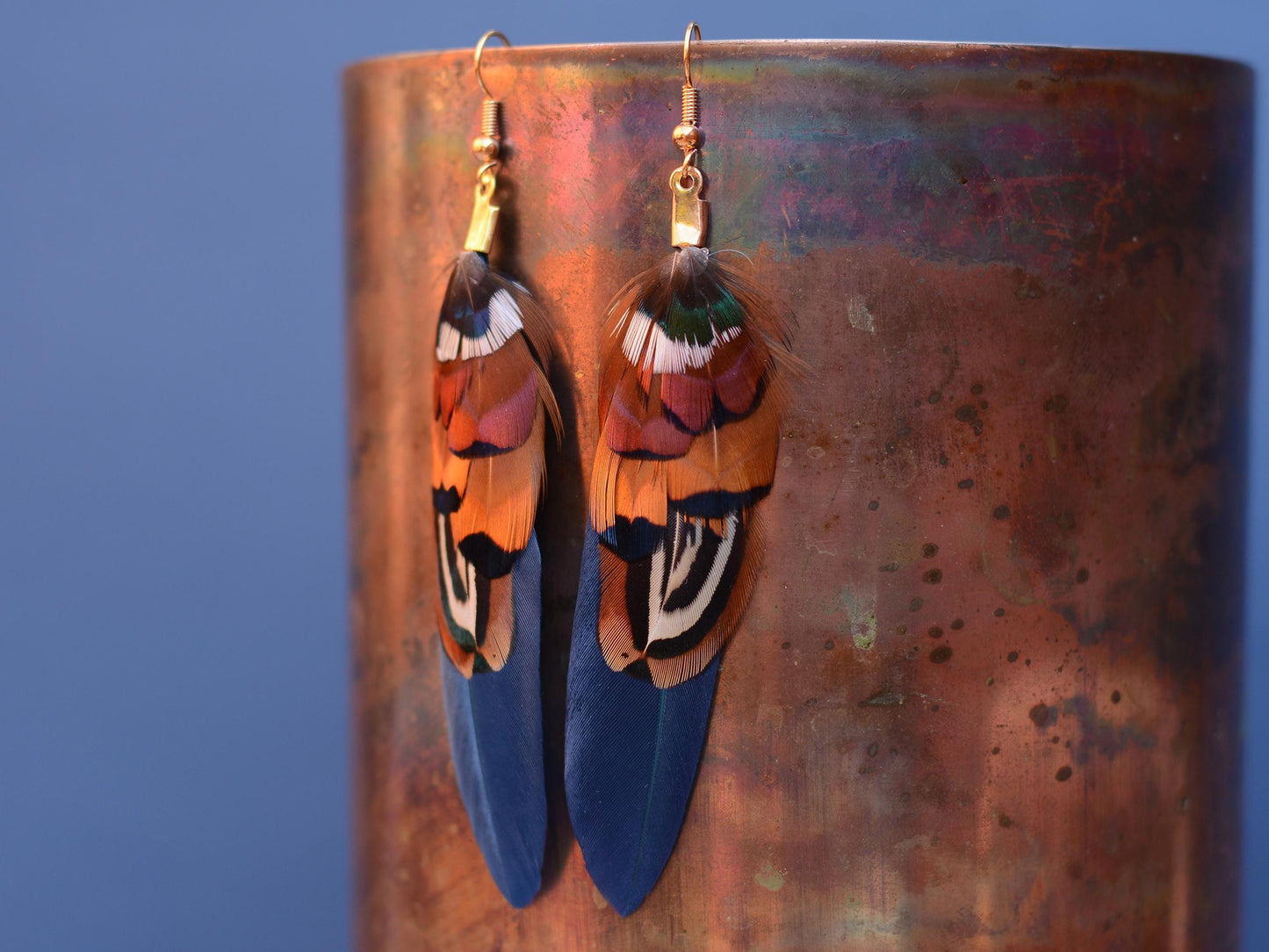 Navy Blue and Copper Feather Earrings | Pheasant Feather Earrings | Festival Earrings | Feather Jewellery | Drop Earrings