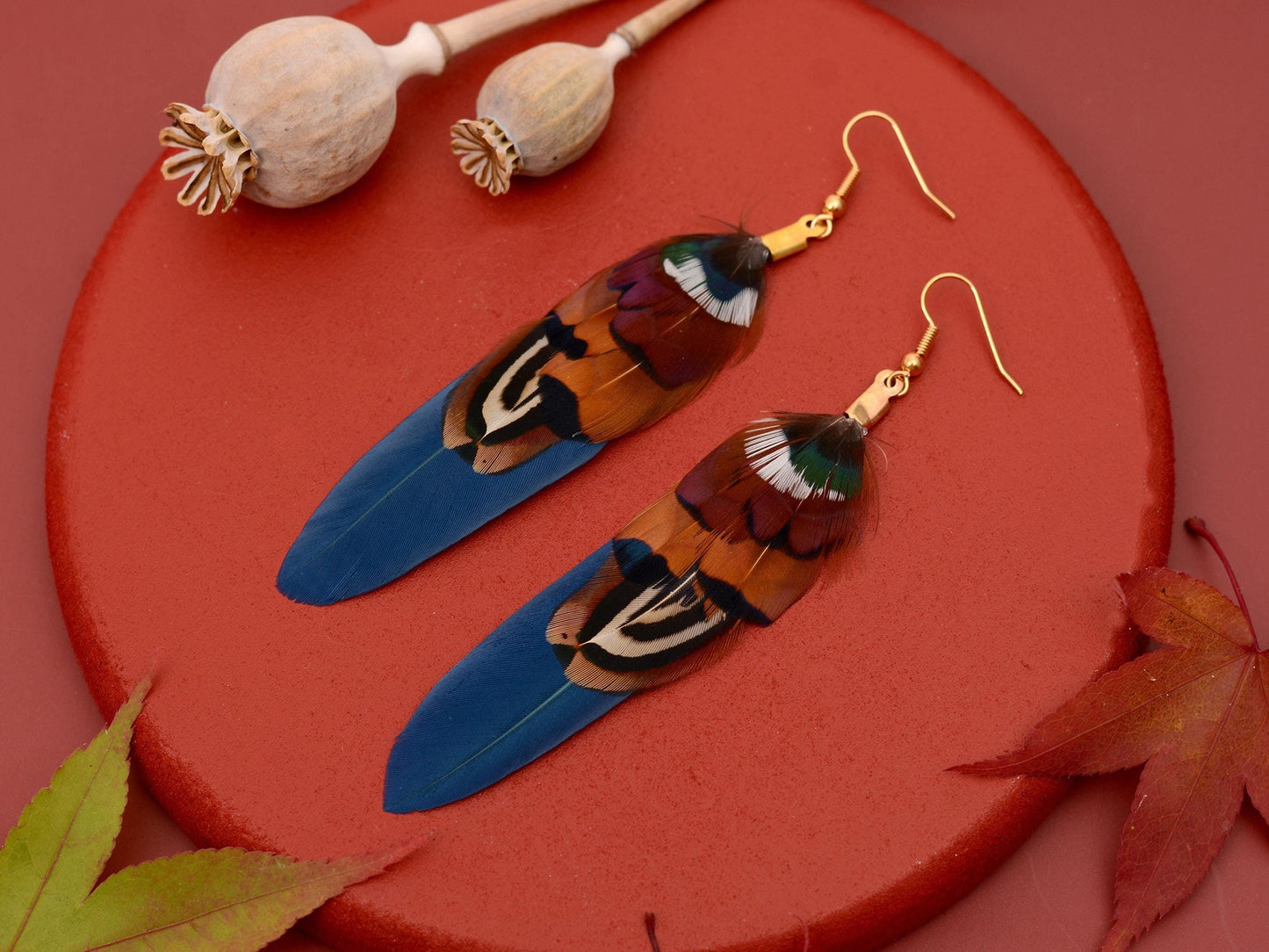 Navy Blue and Copper Feather Earrings | Pheasant Feather Earrings | Festival Earrings | Feather Jewellery | Drop Earrings