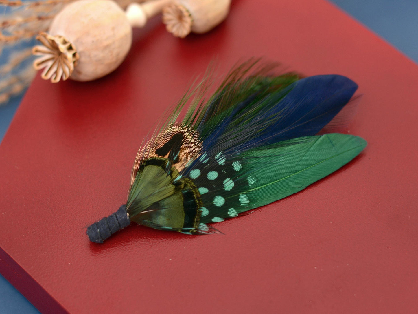 Navy Blue and Bottle Green Feather Boutonniere | Duck Feather Hat Pin | Pheasant Feather Brooch