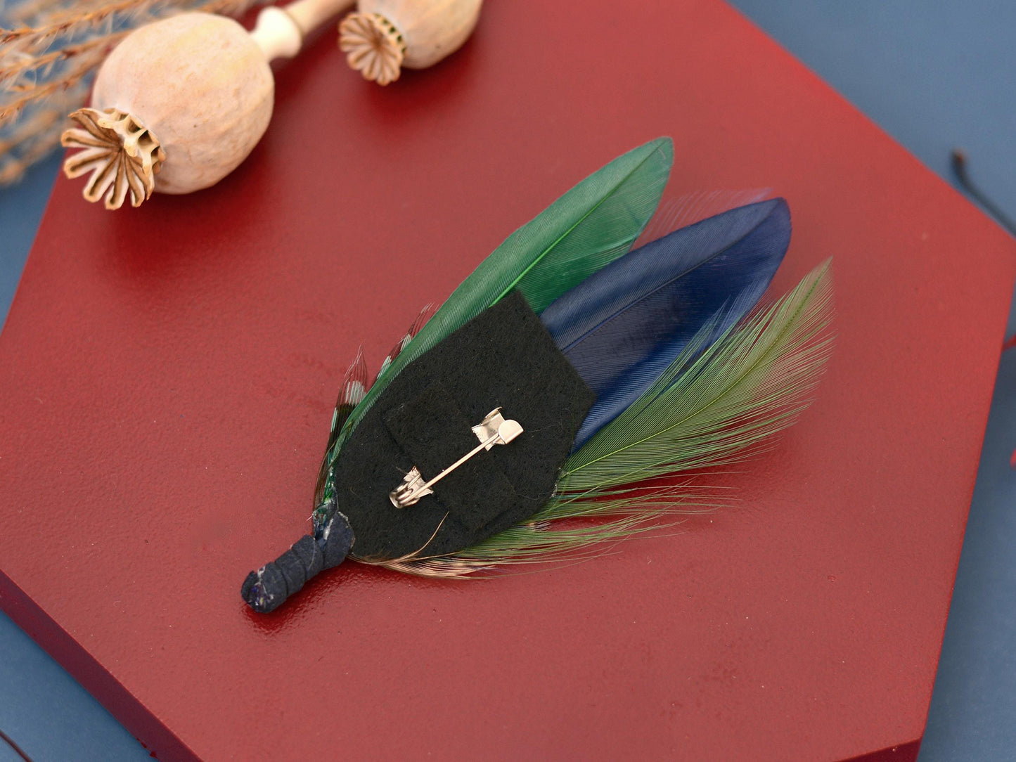 Navy Blue and Bottle Green Feather Boutonniere | Duck Feather Hat Pin | Pheasant Feather Brooch
