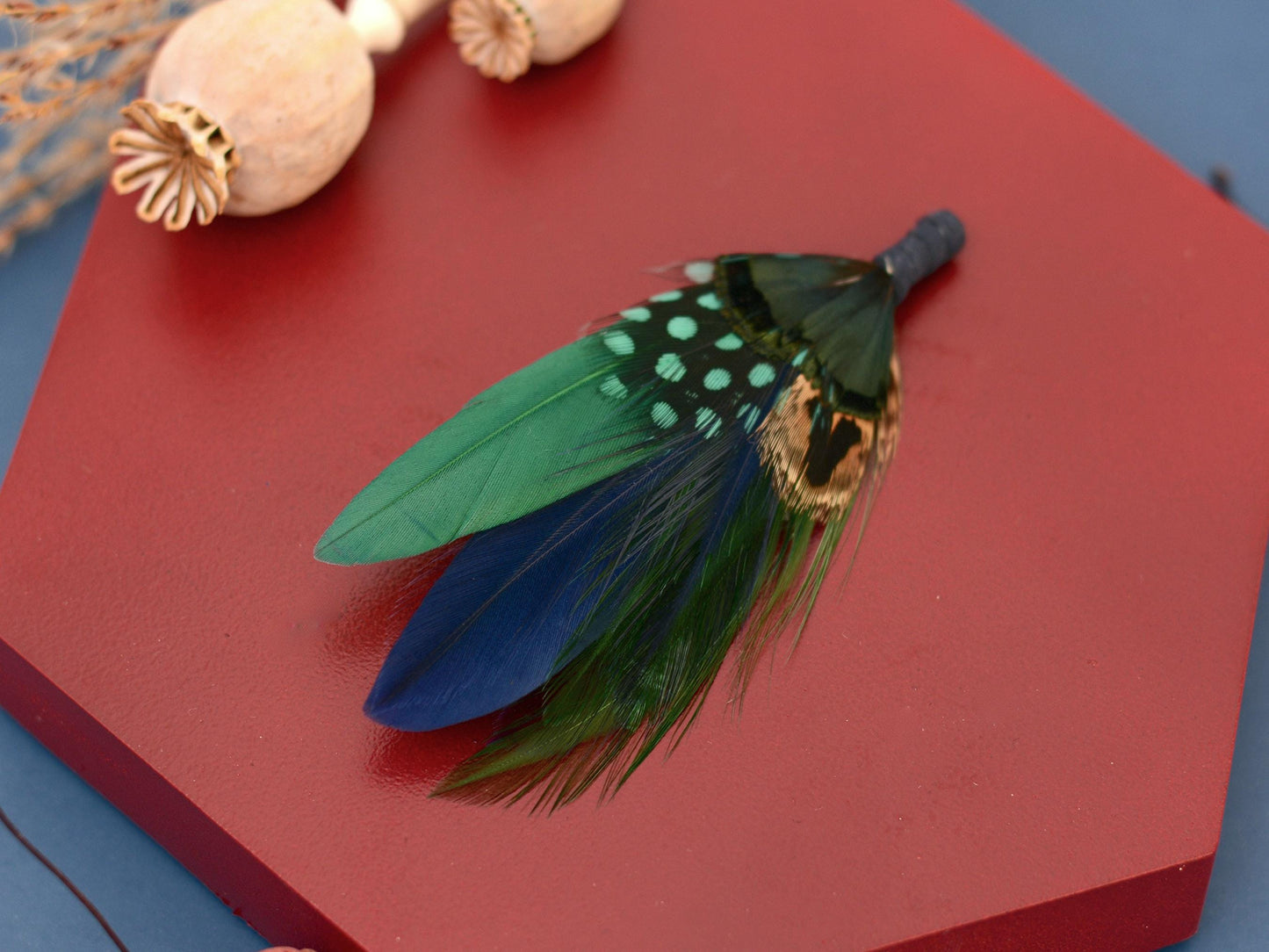 Navy Blue and Bottle Green Feather Boutonniere | Duck Feather Hat Pin | Pheasant Feather Brooch