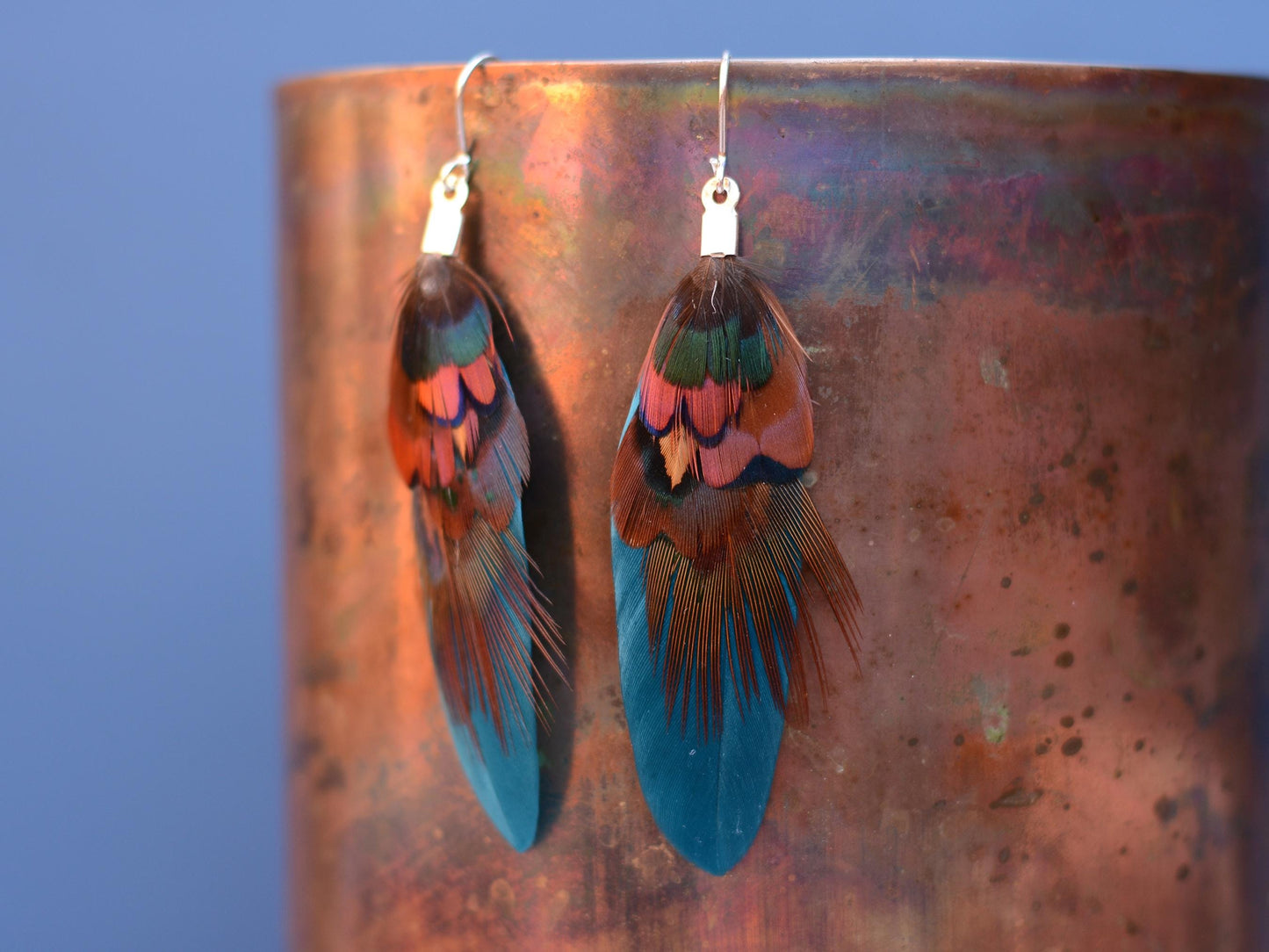 Teal and Copper Pheasant Feather Earrings | Festival Earrings | Feather Jewellery | Festival Jewellery | Drop Earrings