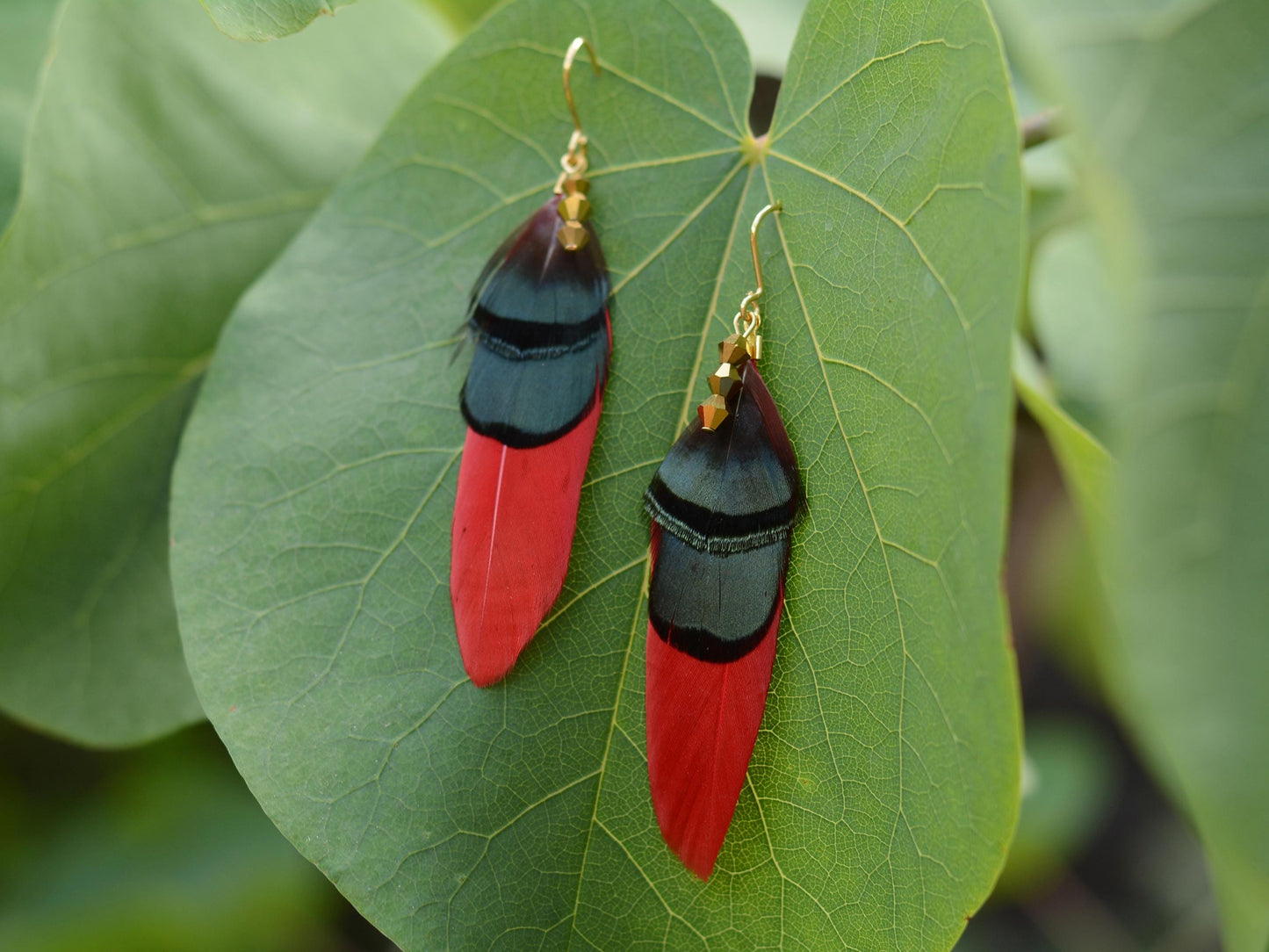 Red, Green and Gold Feather Earrings | Festival Earrings | Feather Jewellery | Festival Jewellery | Drop Earrings