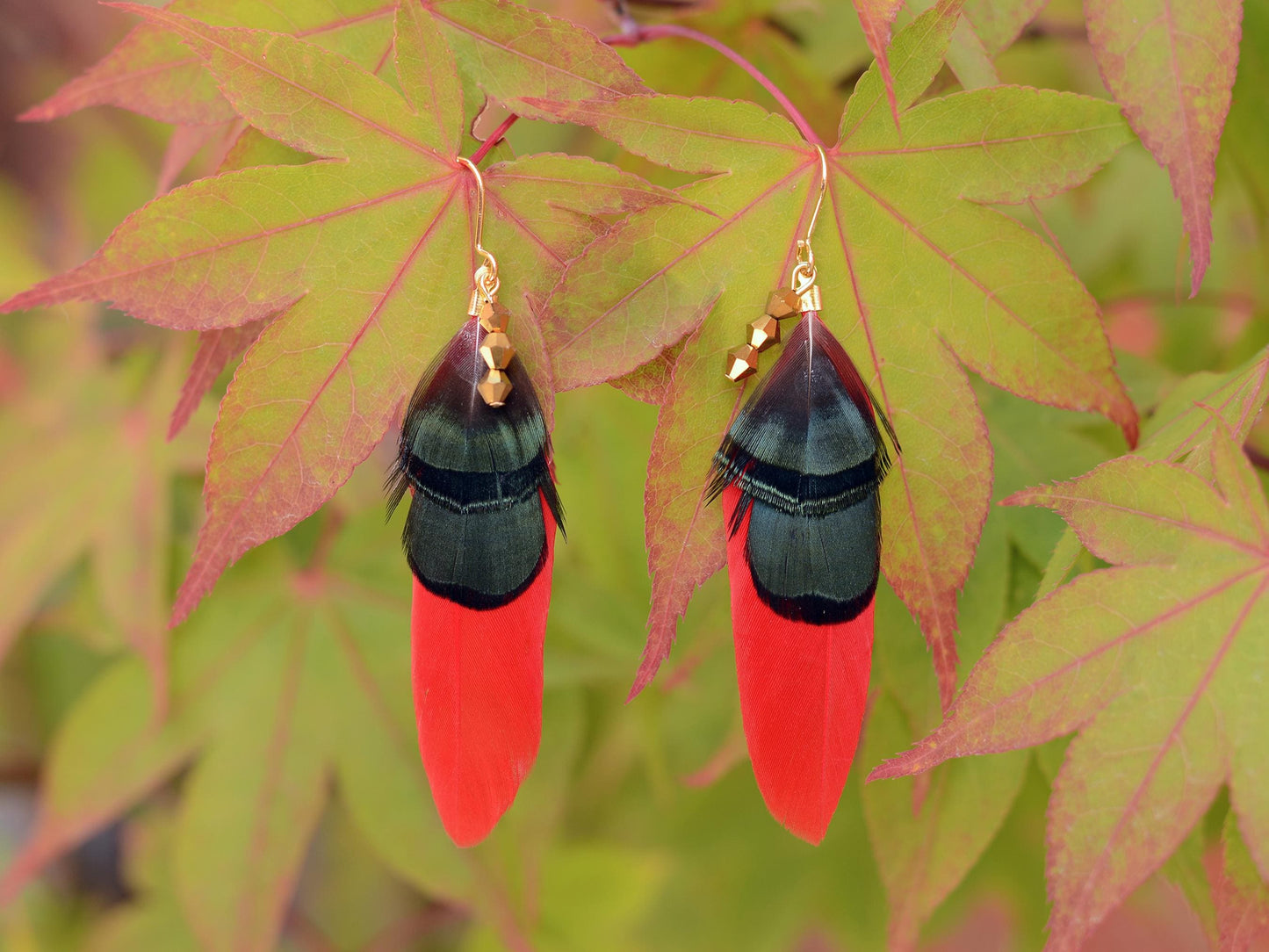 Red, Green and Gold Feather Earrings | Festival Earrings | Feather Jewellery | Festival Jewellery | Drop Earrings