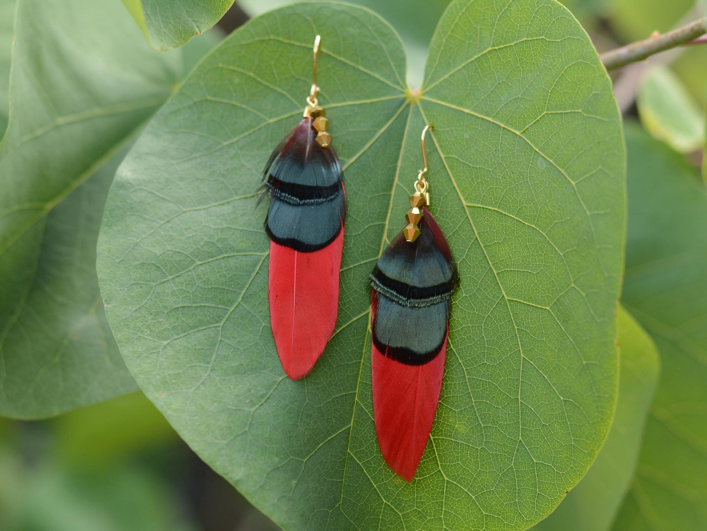 Red, Green and Gold Feather Earrings | Festival Earrings | Feather Jewellery | Festival Jewellery | Drop Earrings