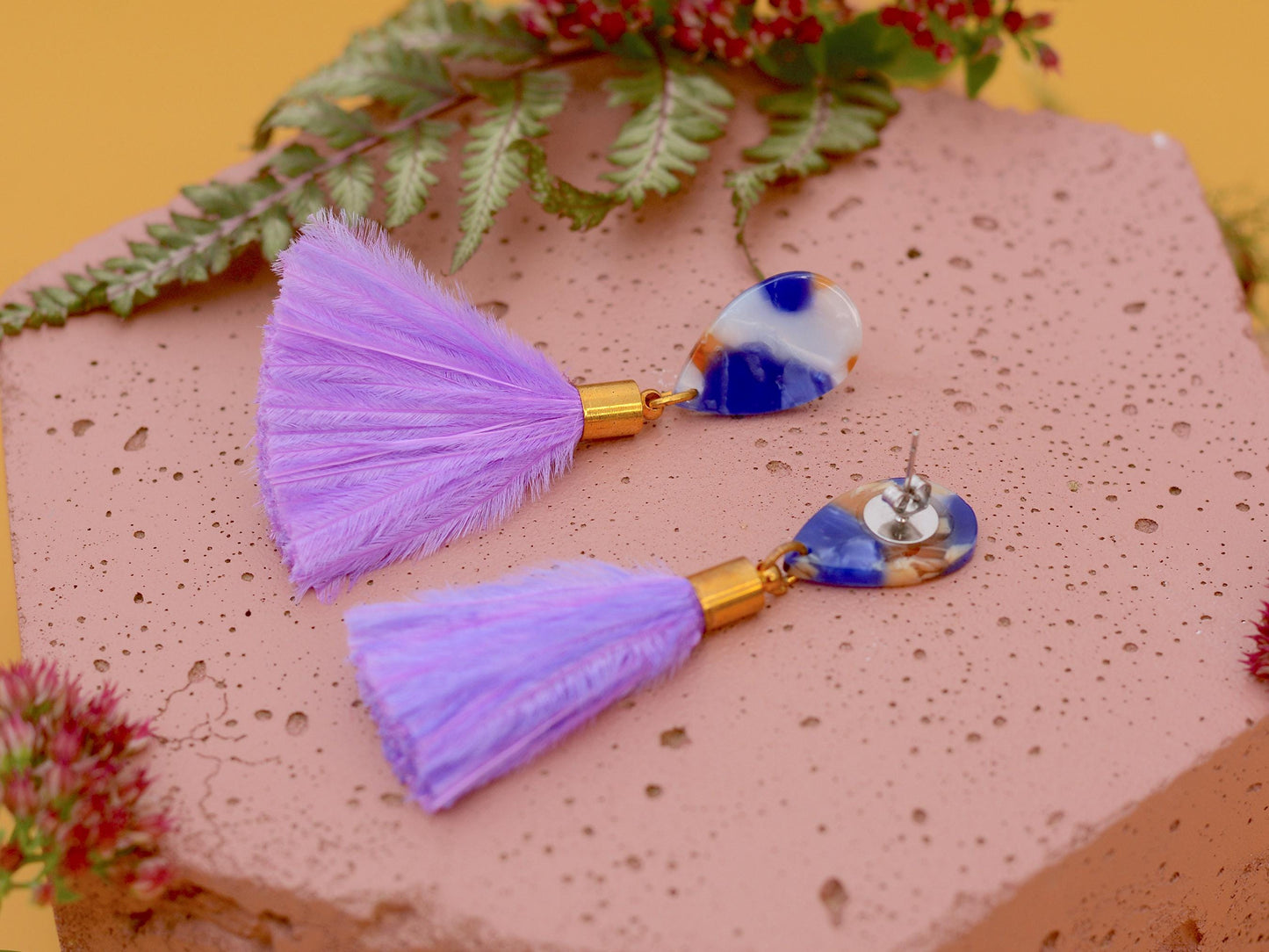 Statement Acetate Teardrop and Ostrich Feather Lilac Tassel Earrings
