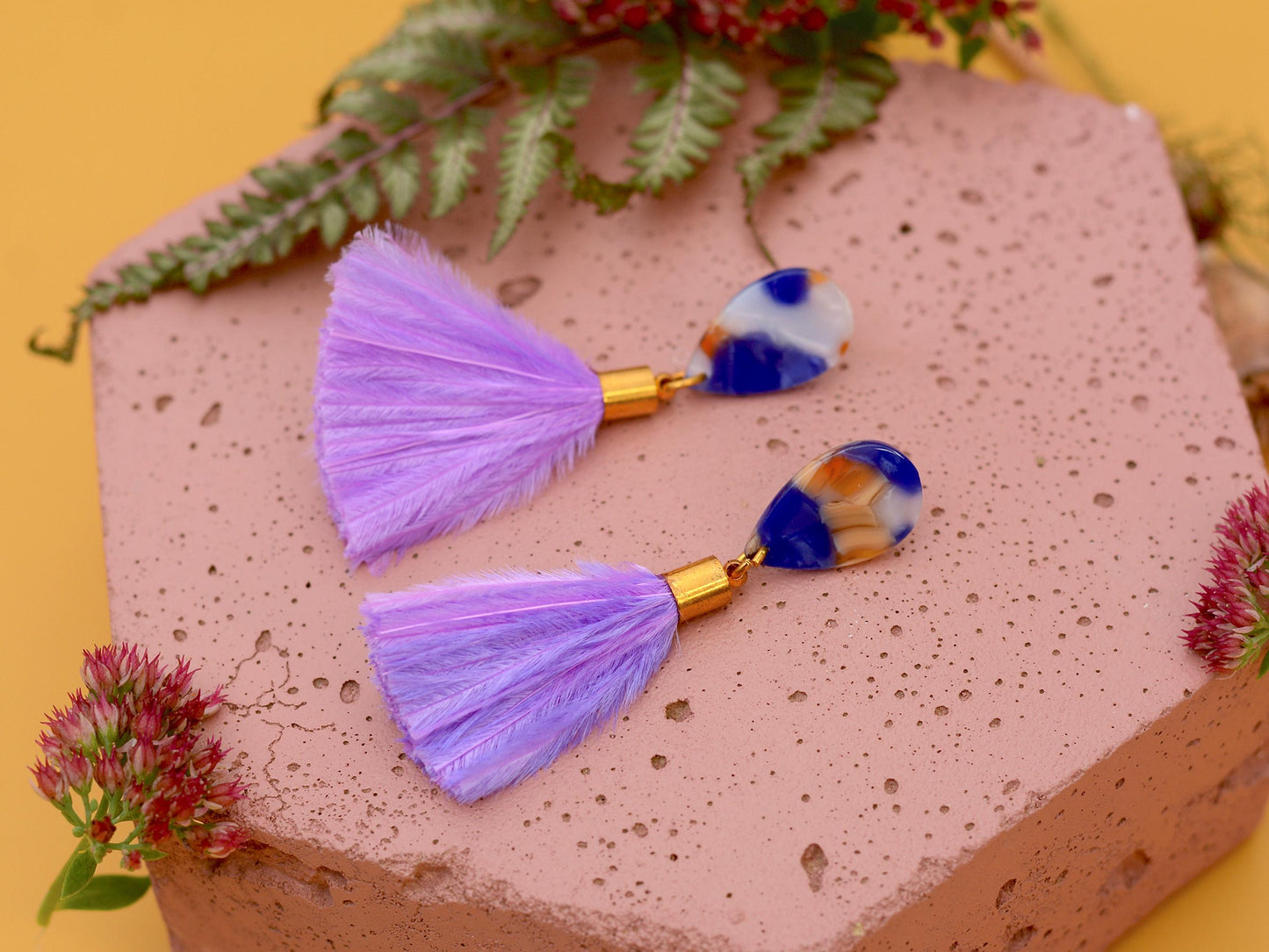 Statement Acetate Teardrop and Ostrich Feather Lilac Tassel Earrings