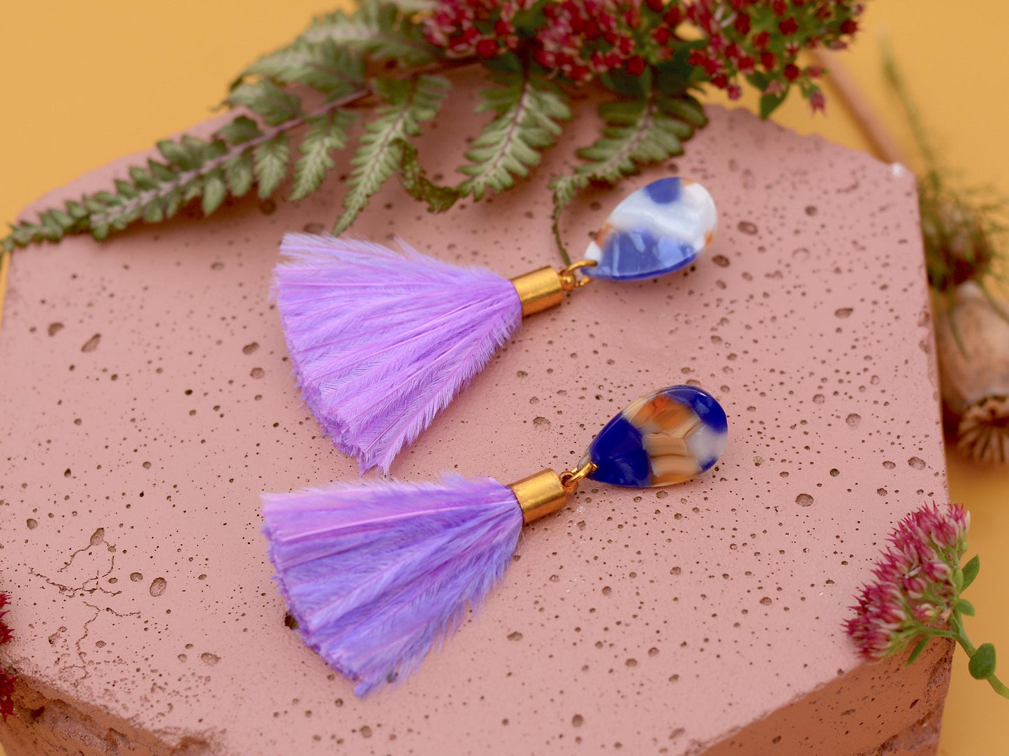 Statement Acetate Teardrop and Ostrich Feather Lilac Tassel Earrings