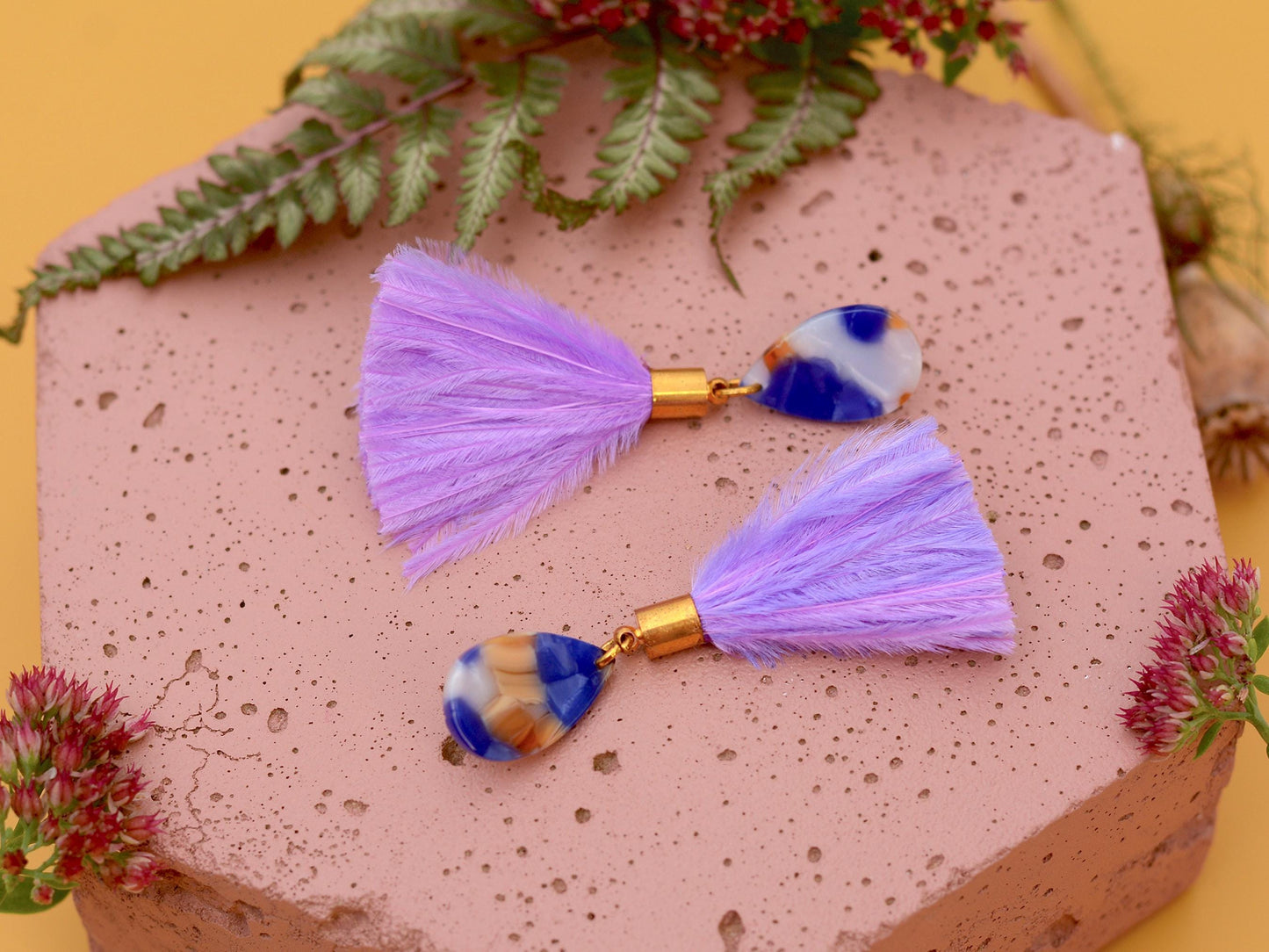 Statement Acetate Teardrop and Ostrich Feather Lilac Tassel Earrings