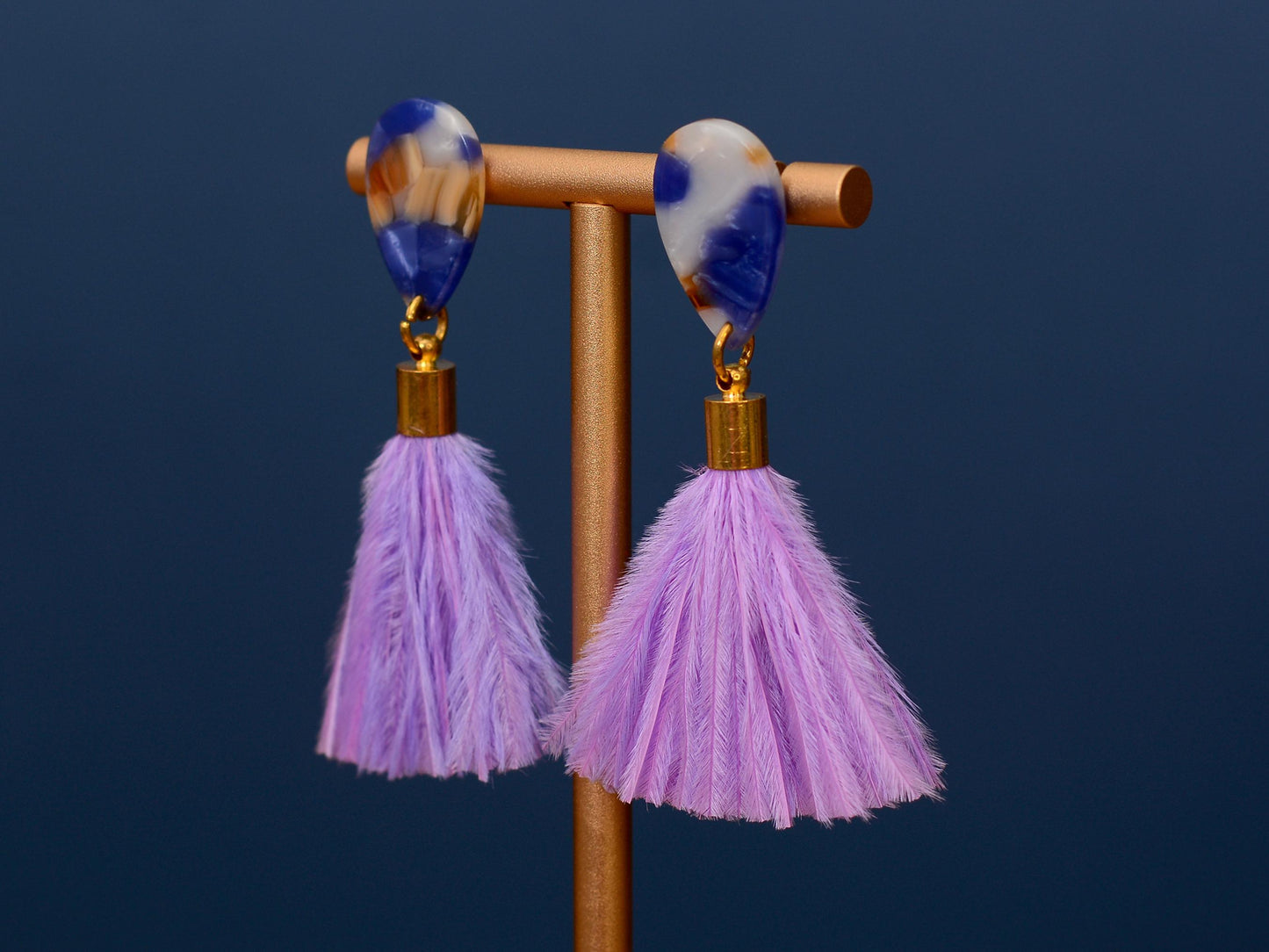 Statement Acetate Teardrop and Ostrich Feather Lilac Tassel Earrings