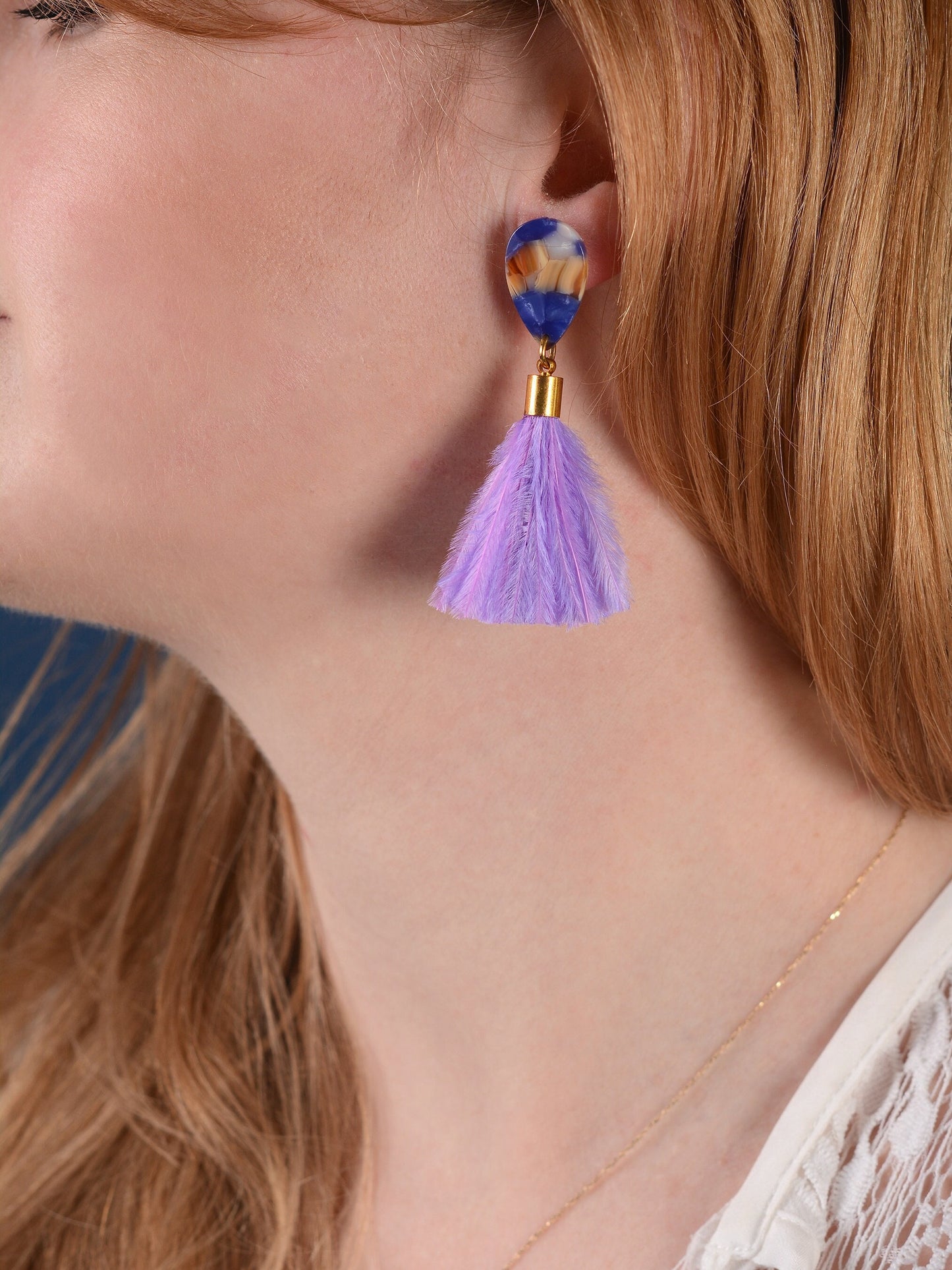 Statement Acetate Teardrop and Ostrich Feather Lilac Tassel Earrings