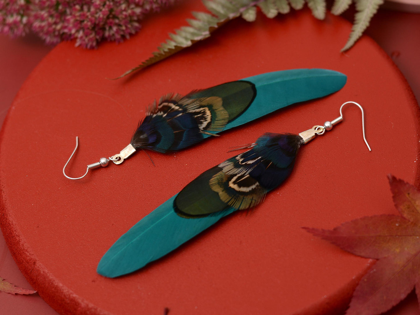Teal, Navy Blue and Green Feather Earrings | Pheasant Feather Earrings | Festival Earrings | Feather Jewellery | Drop Earrings