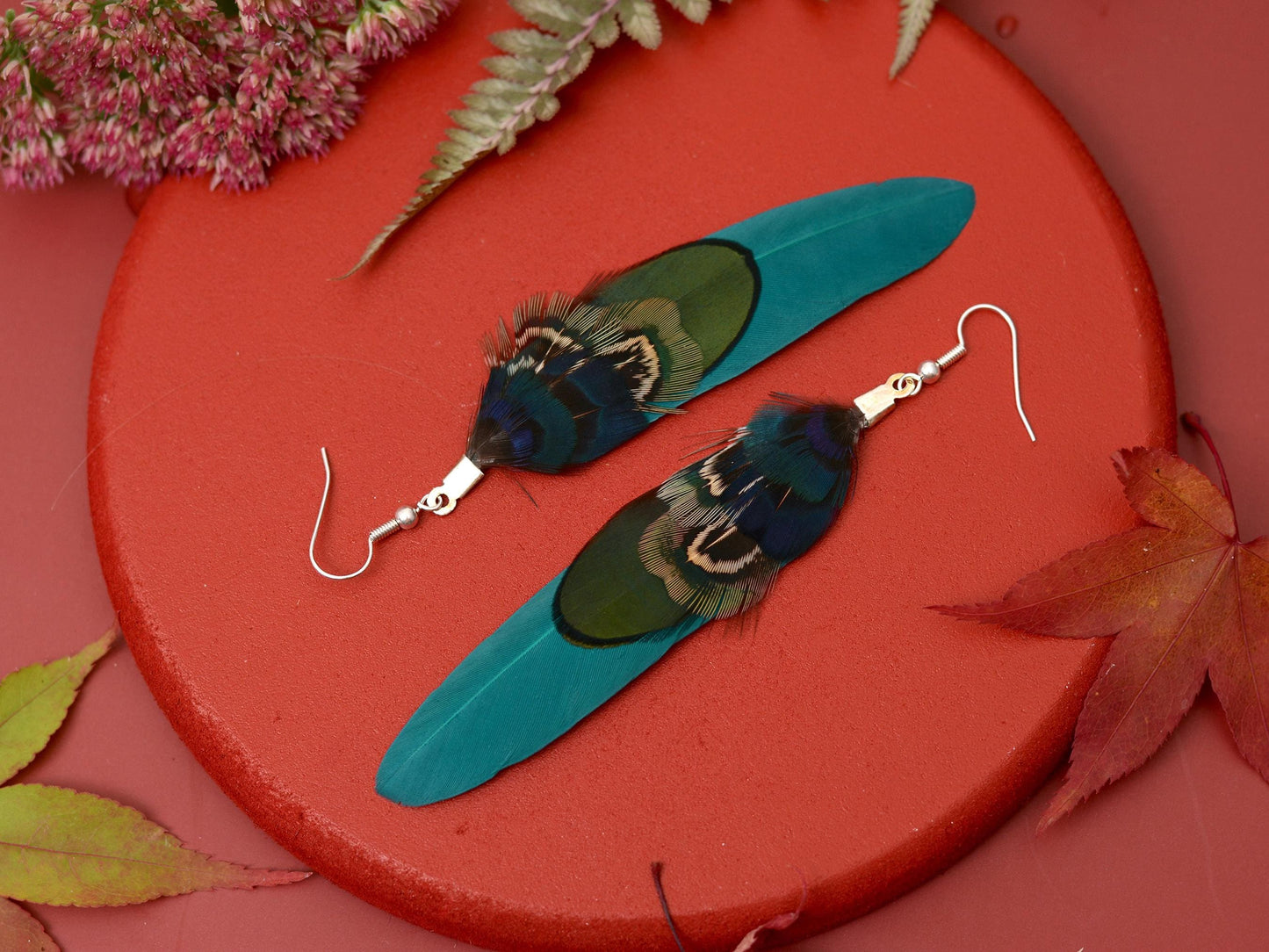 Teal, Navy Blue and Green Feather Earrings | Pheasant Feather Earrings | Festival Earrings | Feather Jewellery | Drop Earrings