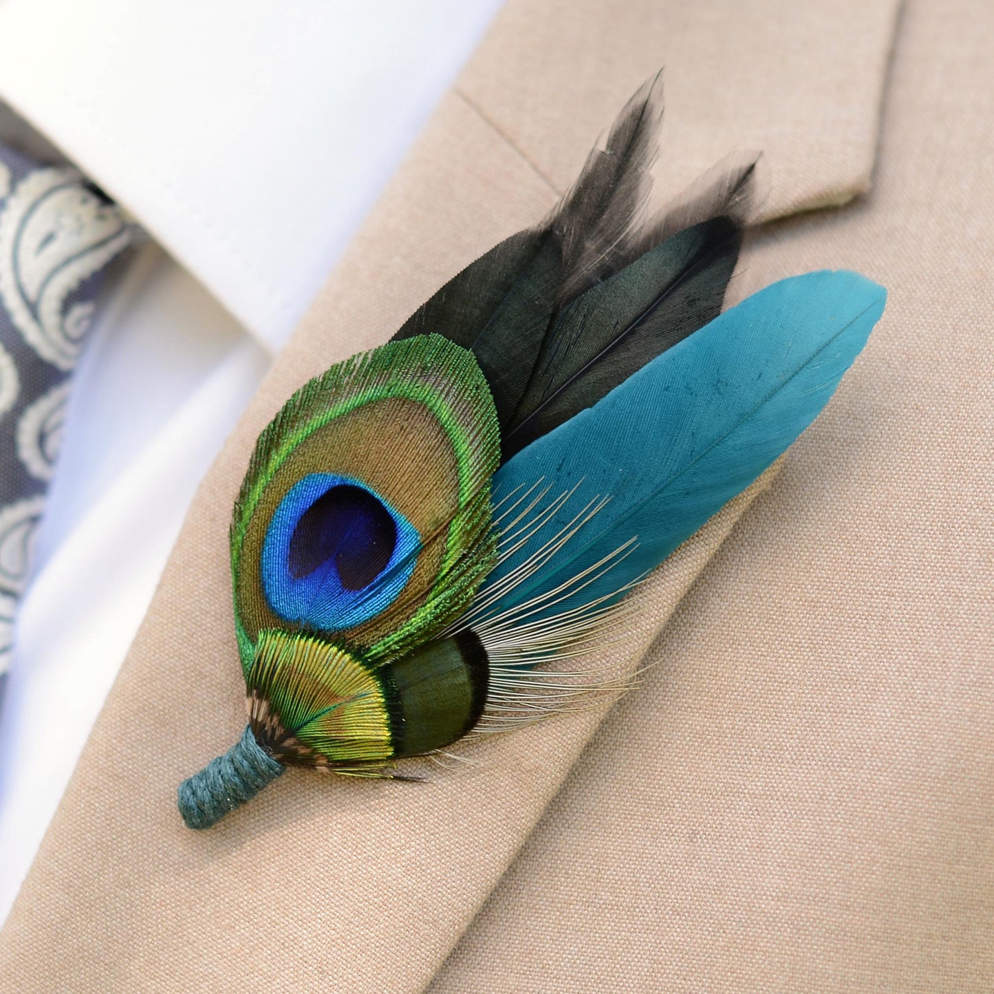 Teal and Peacock Feather Lapel Pin / Hat Pin | Peacock Feather Boutonniere | Peacock Feather Brooch