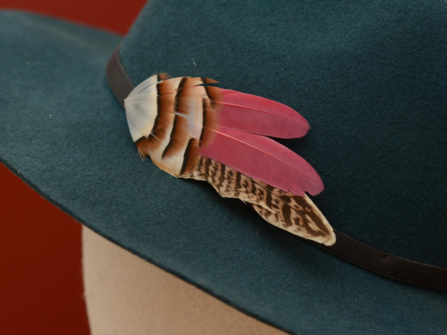 Feather Lapel Pin in Burgundy, Partridge and Pheasant | Feather Boutonniere | Pheasant Feather Brooch | Feather Hat Pin | Pheasant Lapel Pin
