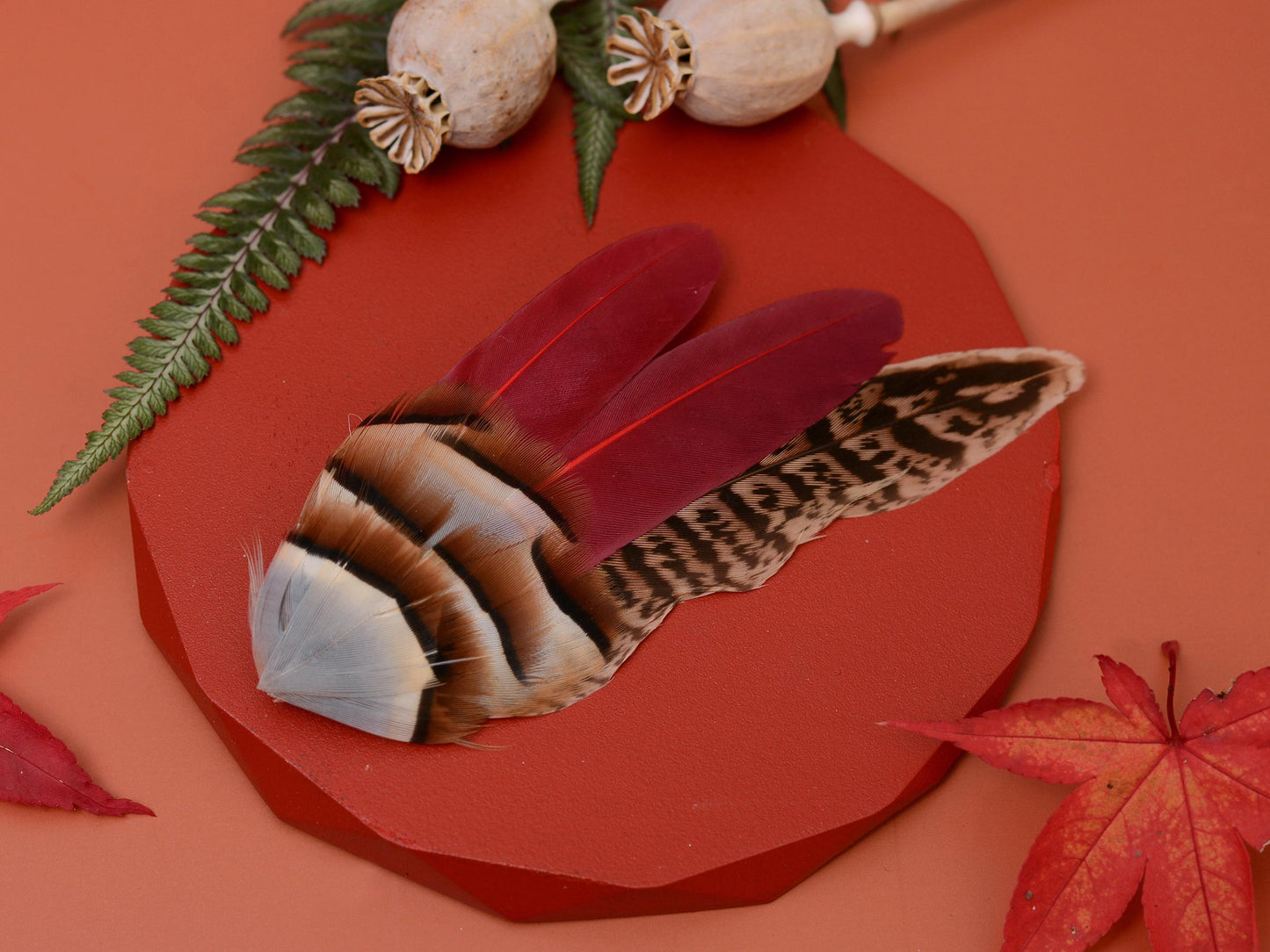 Feather Lapel Pin in Burgundy, Partridge and Pheasant | Feather Boutonniere | Pheasant Feather Brooch | Feather Hat Pin | Pheasant Lapel Pin