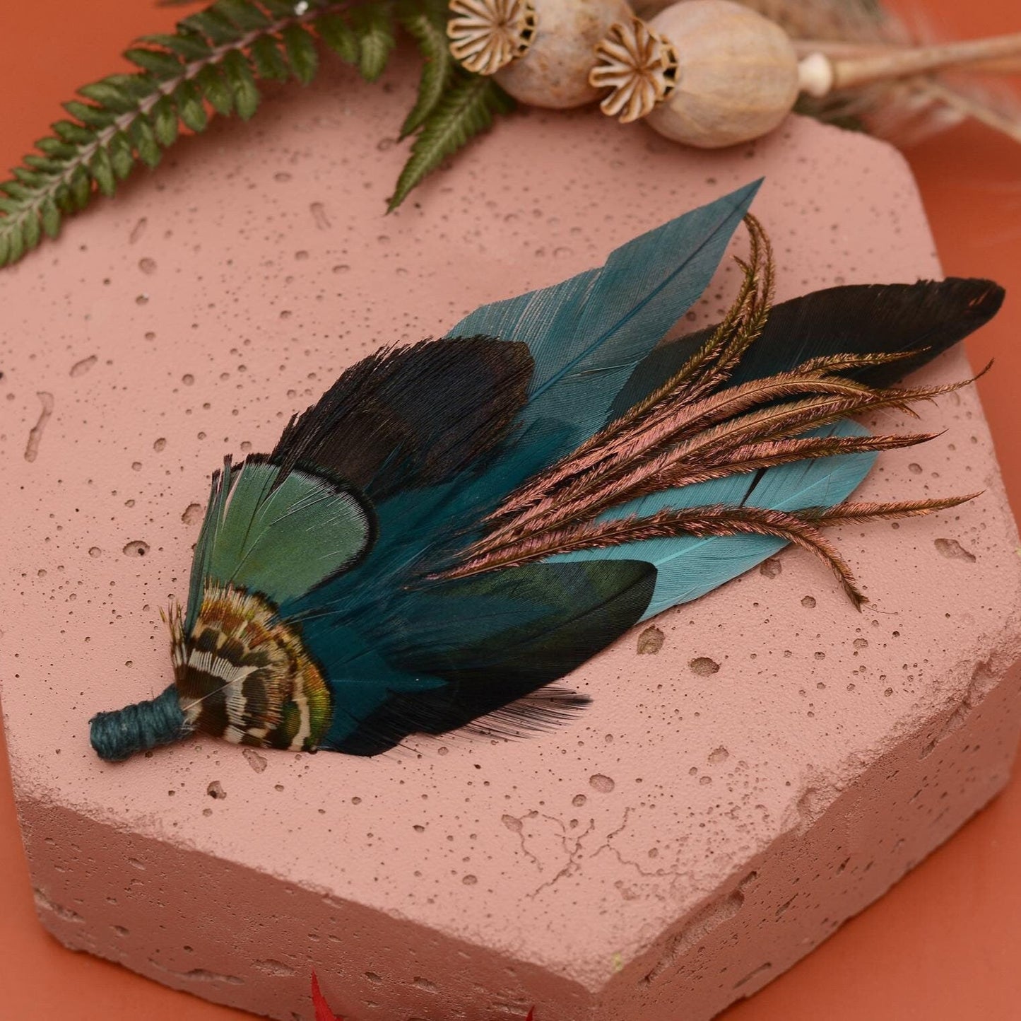 Dark Teal and Green Feather Hat Pin / Brooch No.267 | Feather Boutonniere | Pheasant Feather Brooch