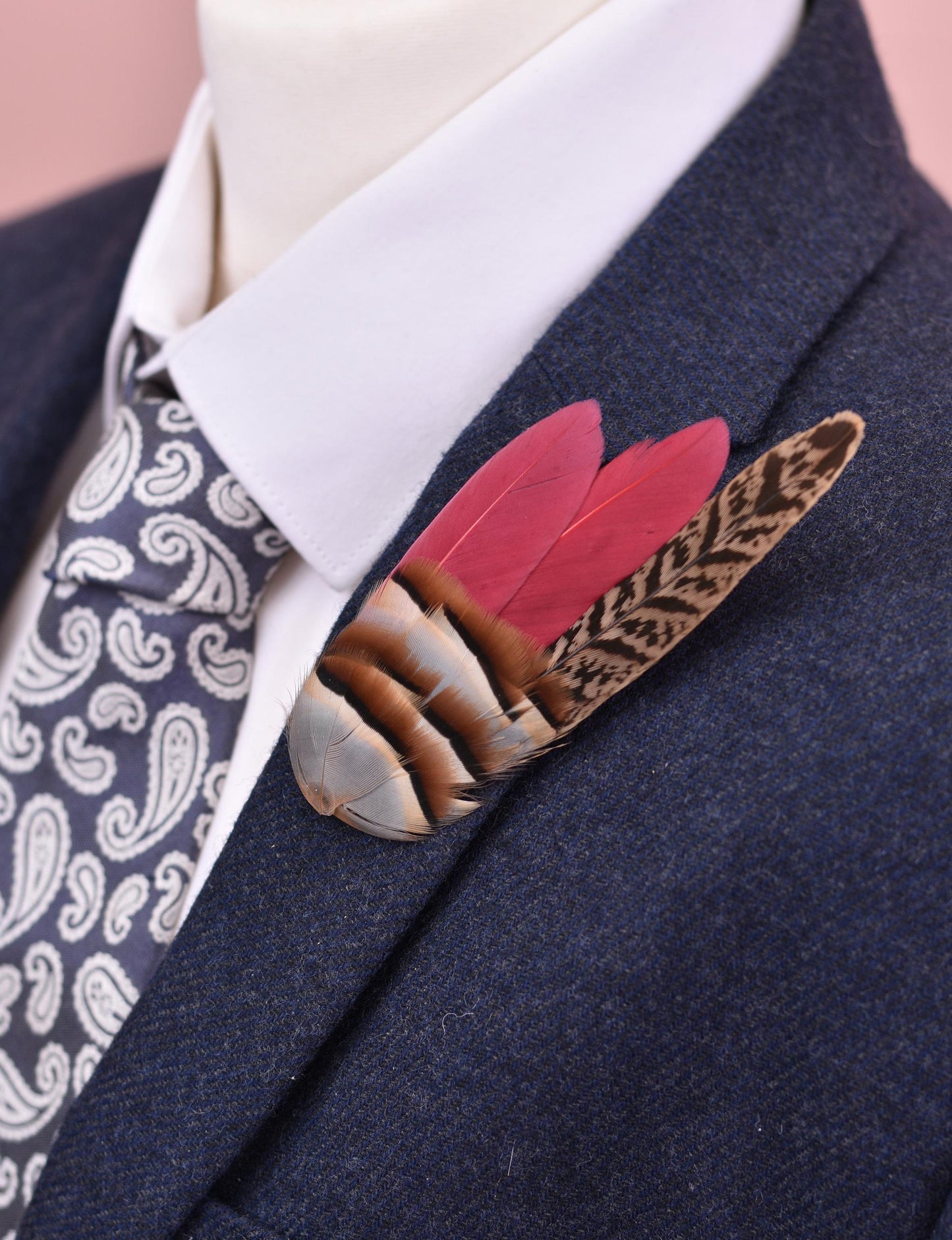 Feather Lapel Pin in Burgundy, Partridge and Pheasant | Feather Boutonniere | Pheasant Feather Brooch | Feather Hat Pin | Pheasant Lapel Pin