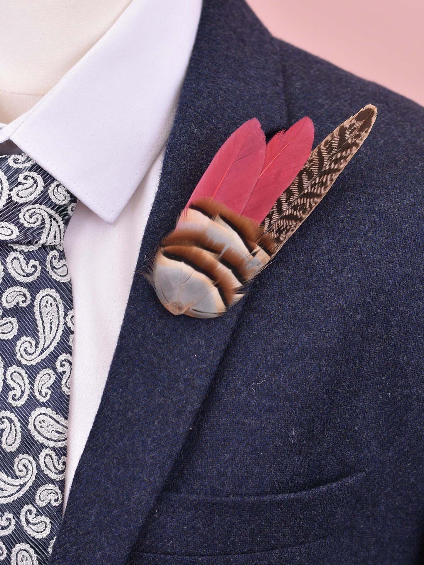 Feather Lapel Pin in Burgundy, Partridge and Pheasant | Feather Boutonniere | Pheasant Feather Brooch | Feather Hat Pin | Pheasant Lapel Pin