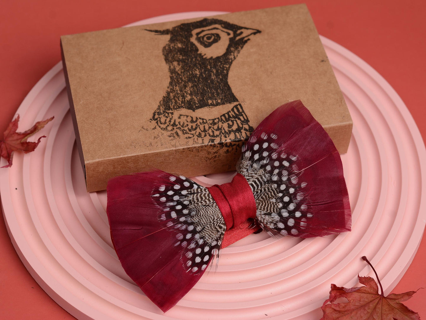 Feather Bow Tie in Light Burgundy and Polka Dot | Grooms Outfit | Feather Neck Tie | Mens Gift | Black Tie | Wedding