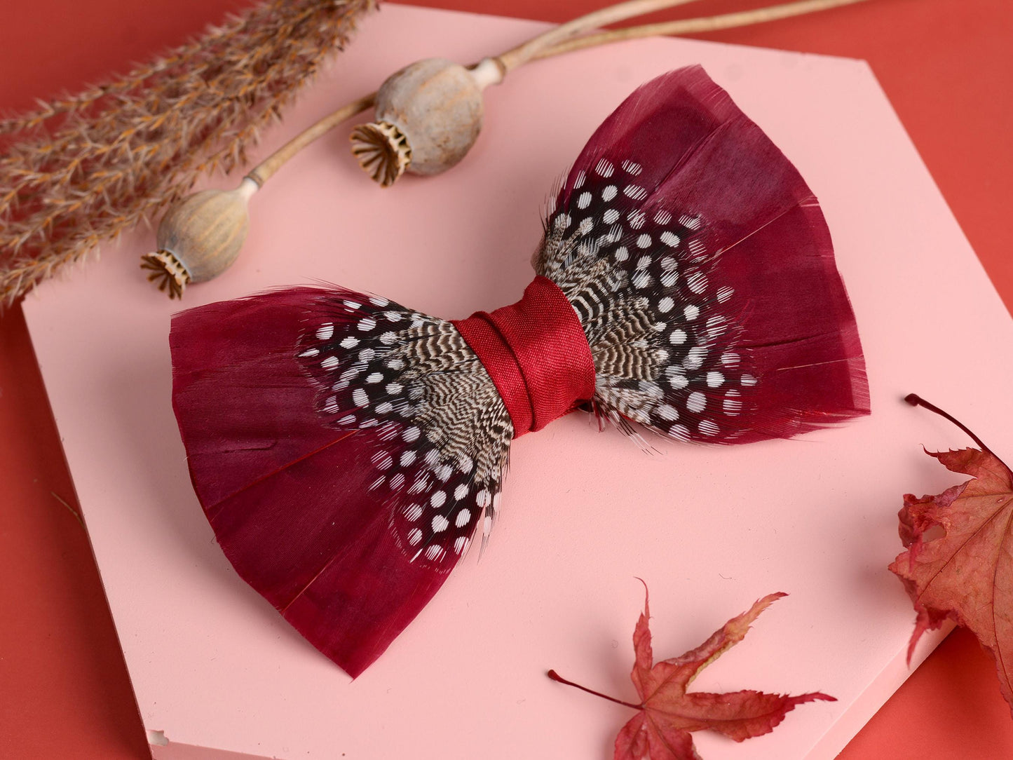 Feather Bow Tie in Light Burgundy and Polka Dot | Grooms Outfit | Feather Neck Tie | Mens Gift | Black Tie | Wedding